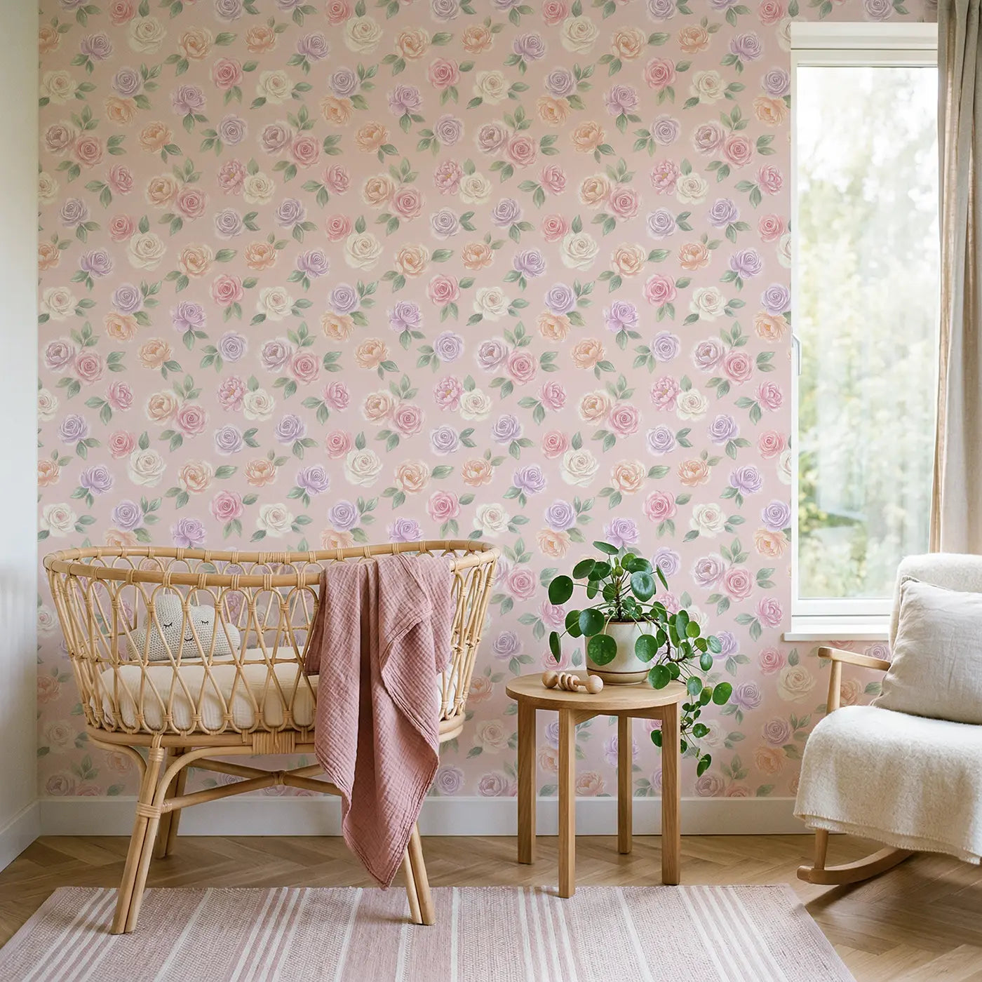 Roses Peonies Soft Pastel wallpaper in Scandinavian nursery - Whimsy Tots