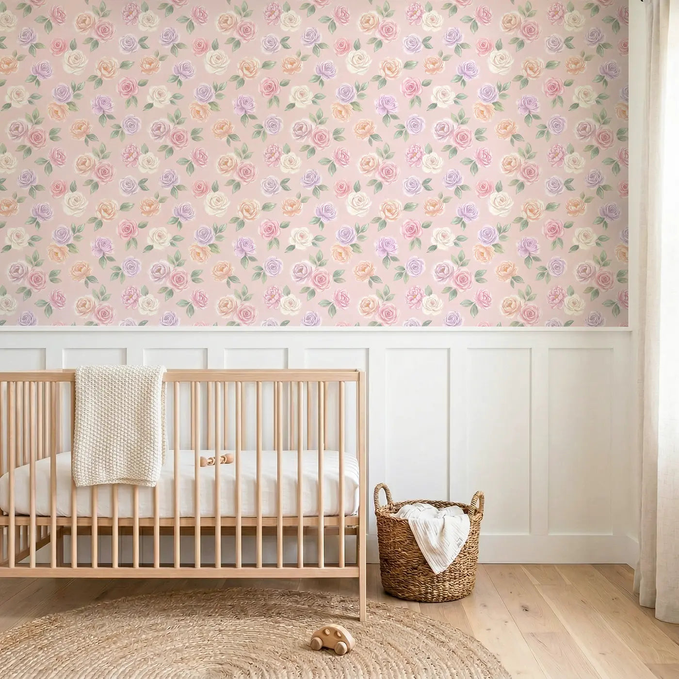 Roses Peonies Soft Pastel wallpaper above wainscoting - Whimsy Tots