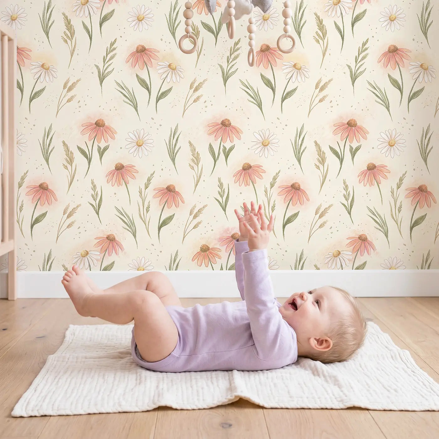 Chalk-Drawn Wildflower Soft Pastel wallpaper in styled kids room - Whimsy Tots