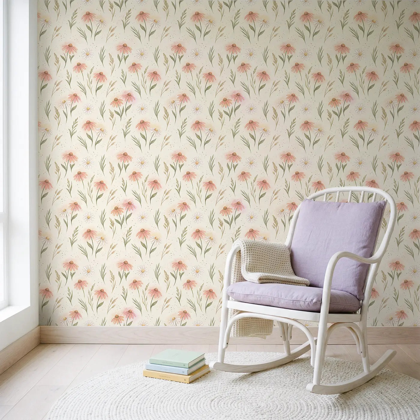 Chalk-Drawn Wildflower Soft Pastel wallpaper in Scandinavian nursery - Whimsy Tots
