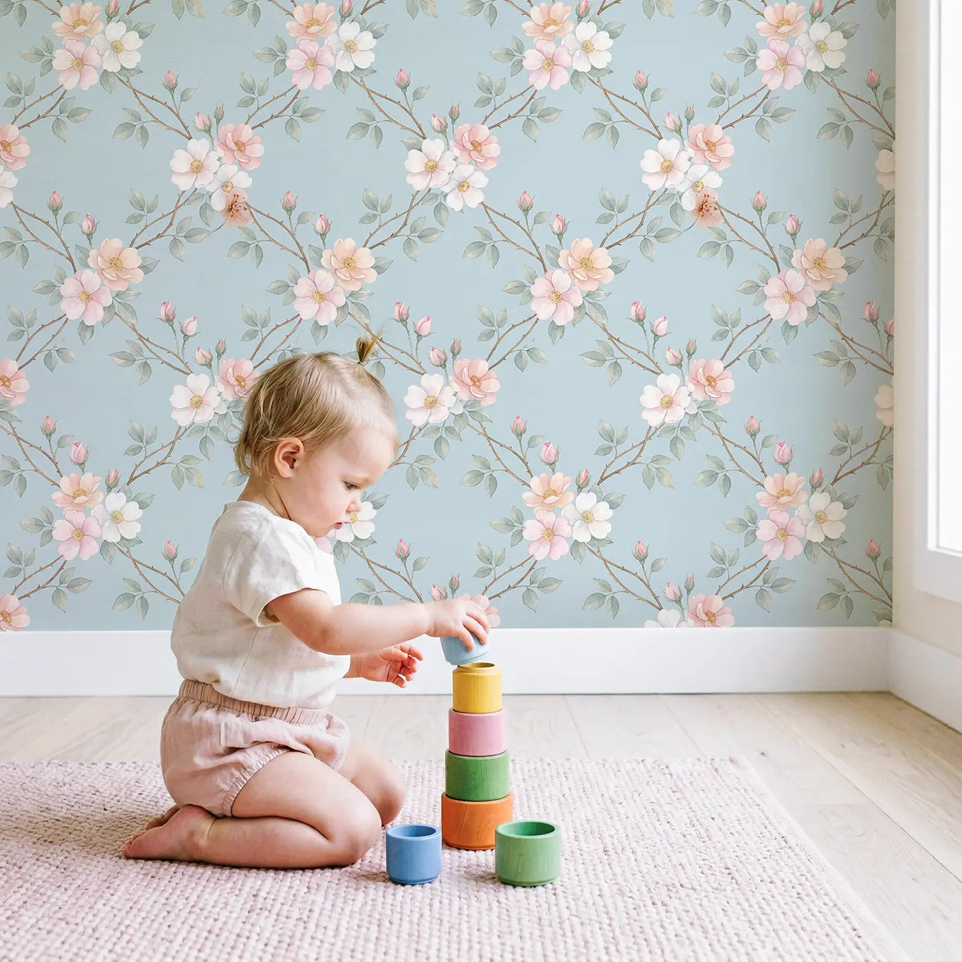 Climbing Roses Watercolor wallpaper in styled kids room - Whimsy Tots