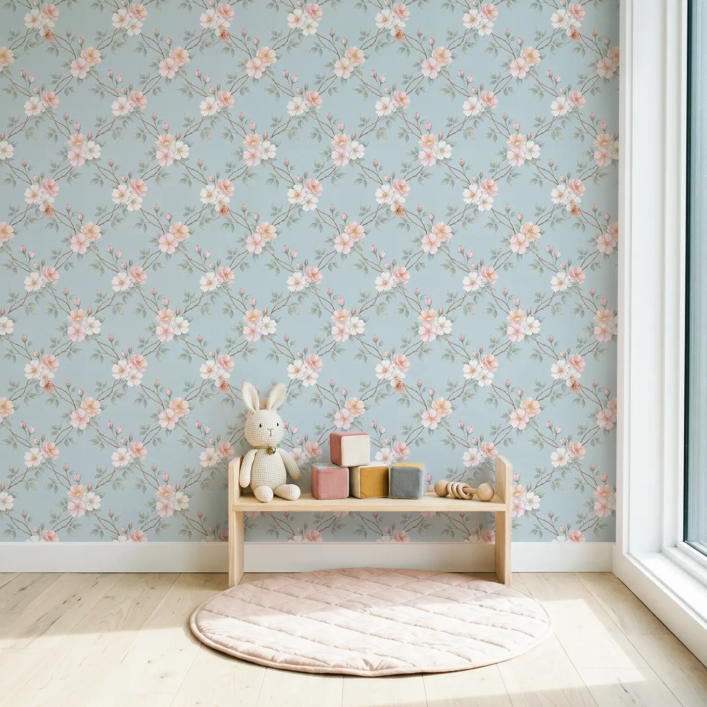 Climbing Roses Watercolor wallpaper in Scandinavian nursery - Whimsy Tots