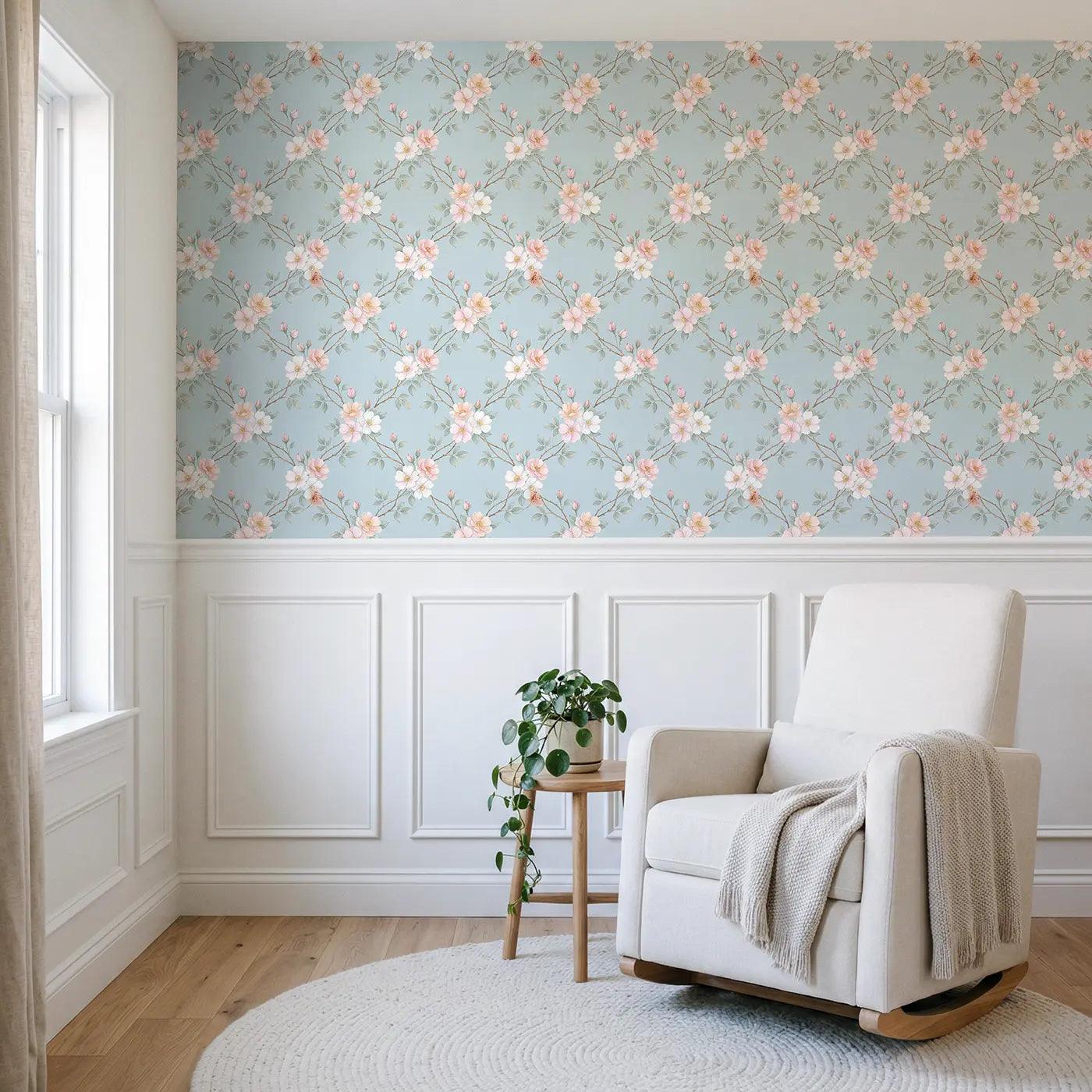 Climbing Roses Watercolor wallpaper above wainscoting - Whimsy Tots