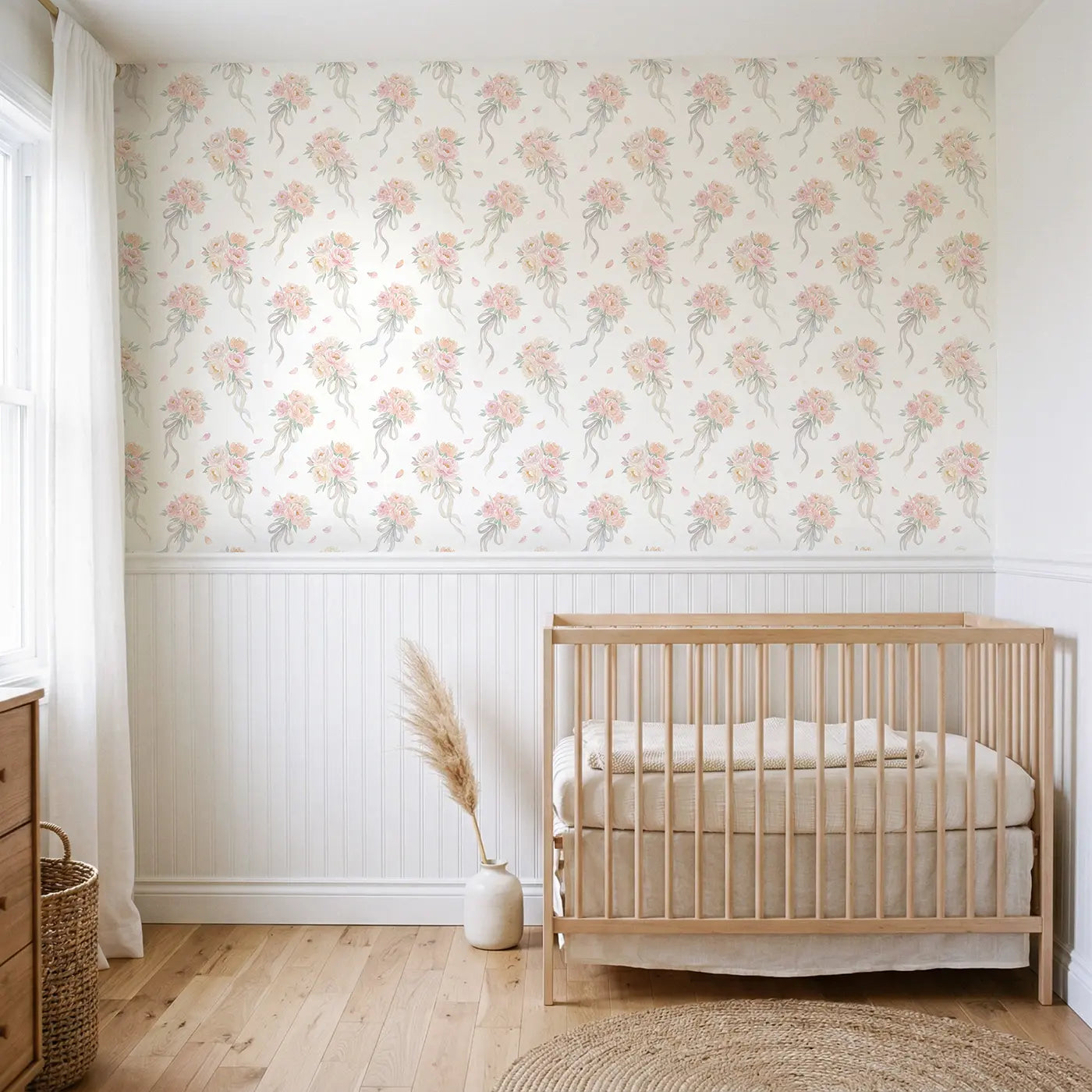 Loose Peony Watercolor wallpaper above wainscoting - Whimsy Tots