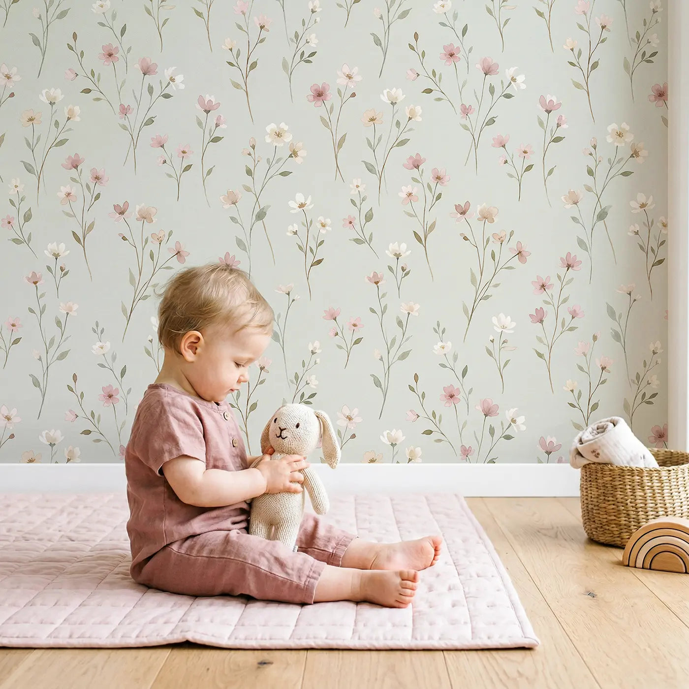 Scattered Wildflower Stems Watercolor wallpaper in styled kids room - Whimsy Tots