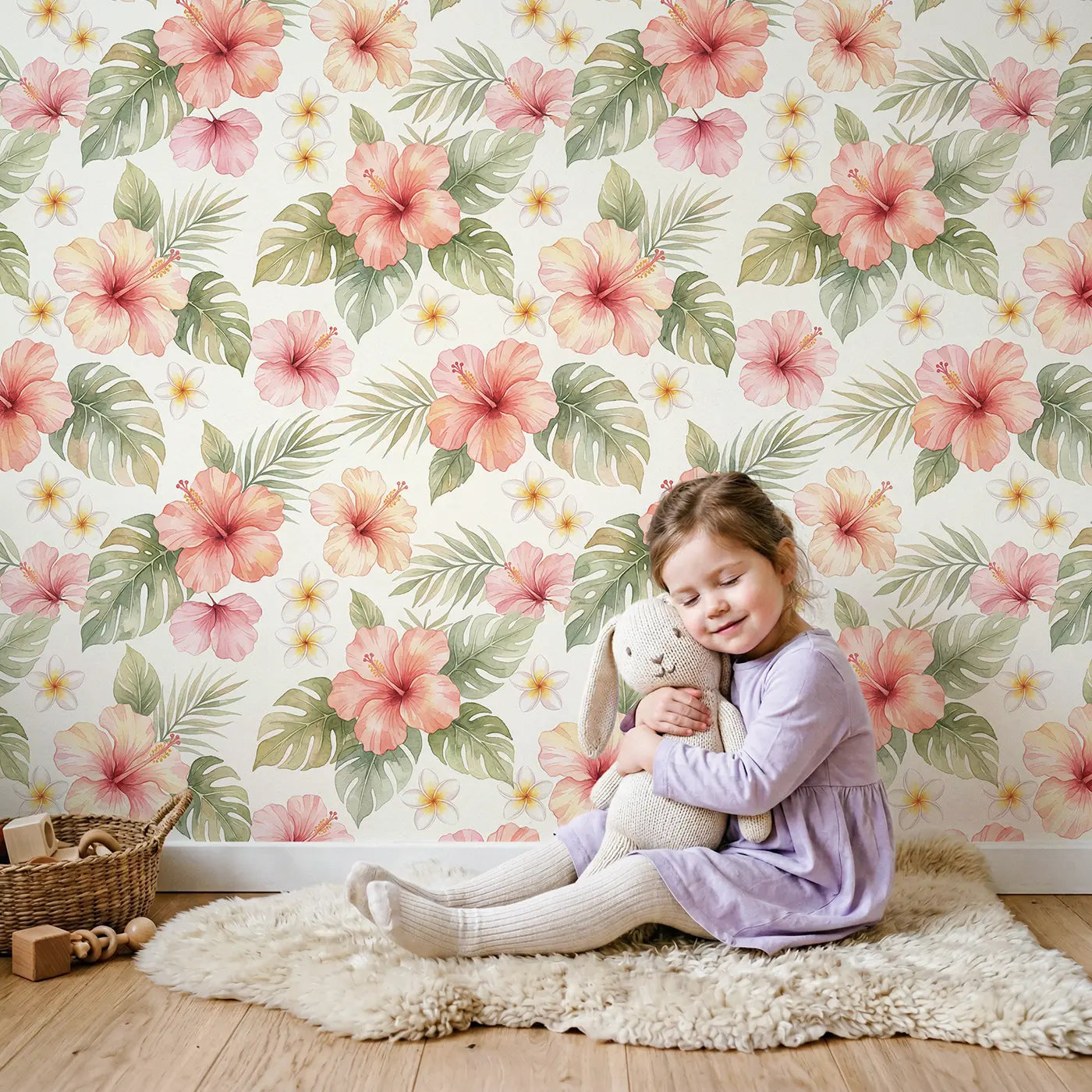 Hibiscus Blooms Watercolor wallpaper in styled kids room - Whimsy Tots