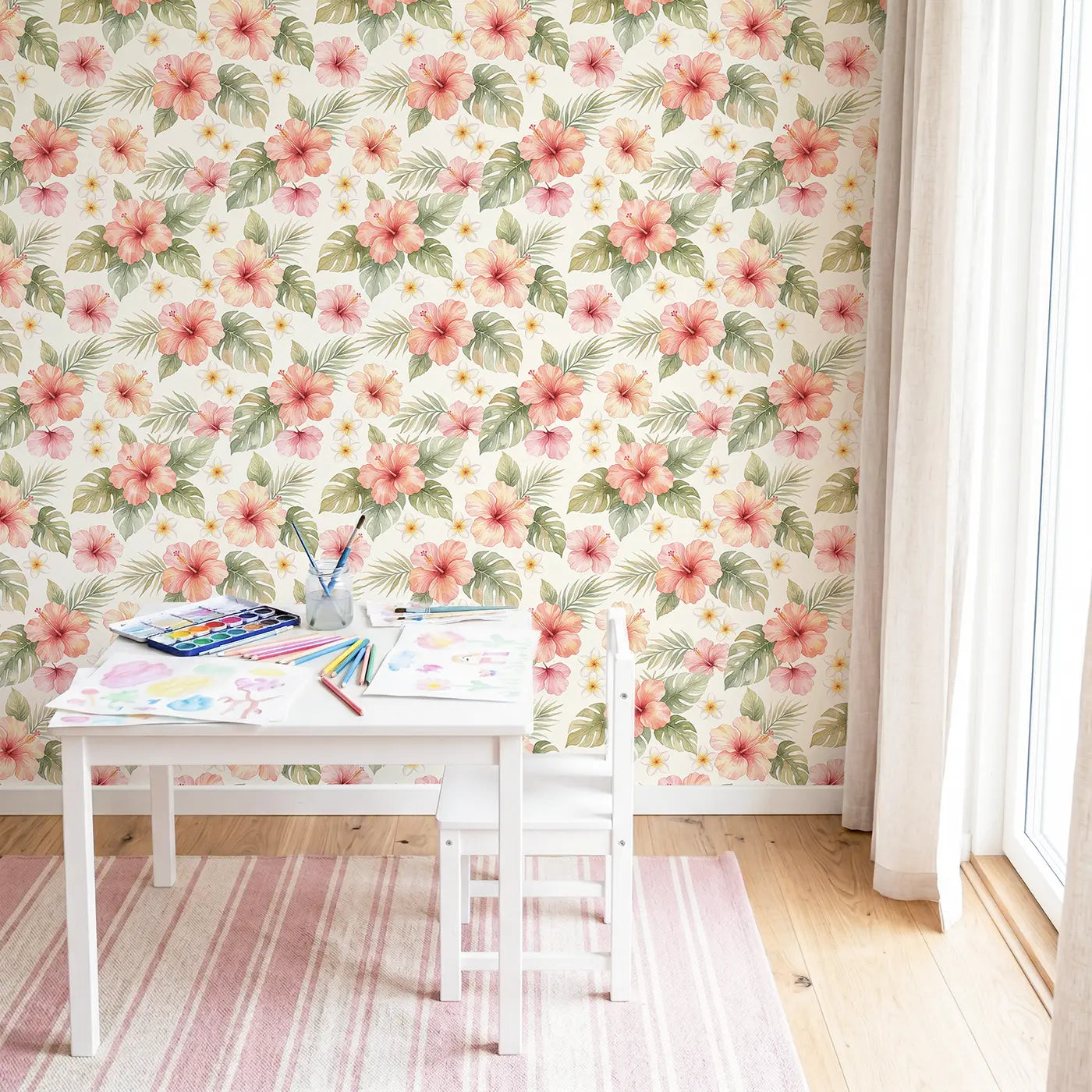Hibiscus Blooms Watercolor wallpaper in Scandinavian nursery - Whimsy Tots