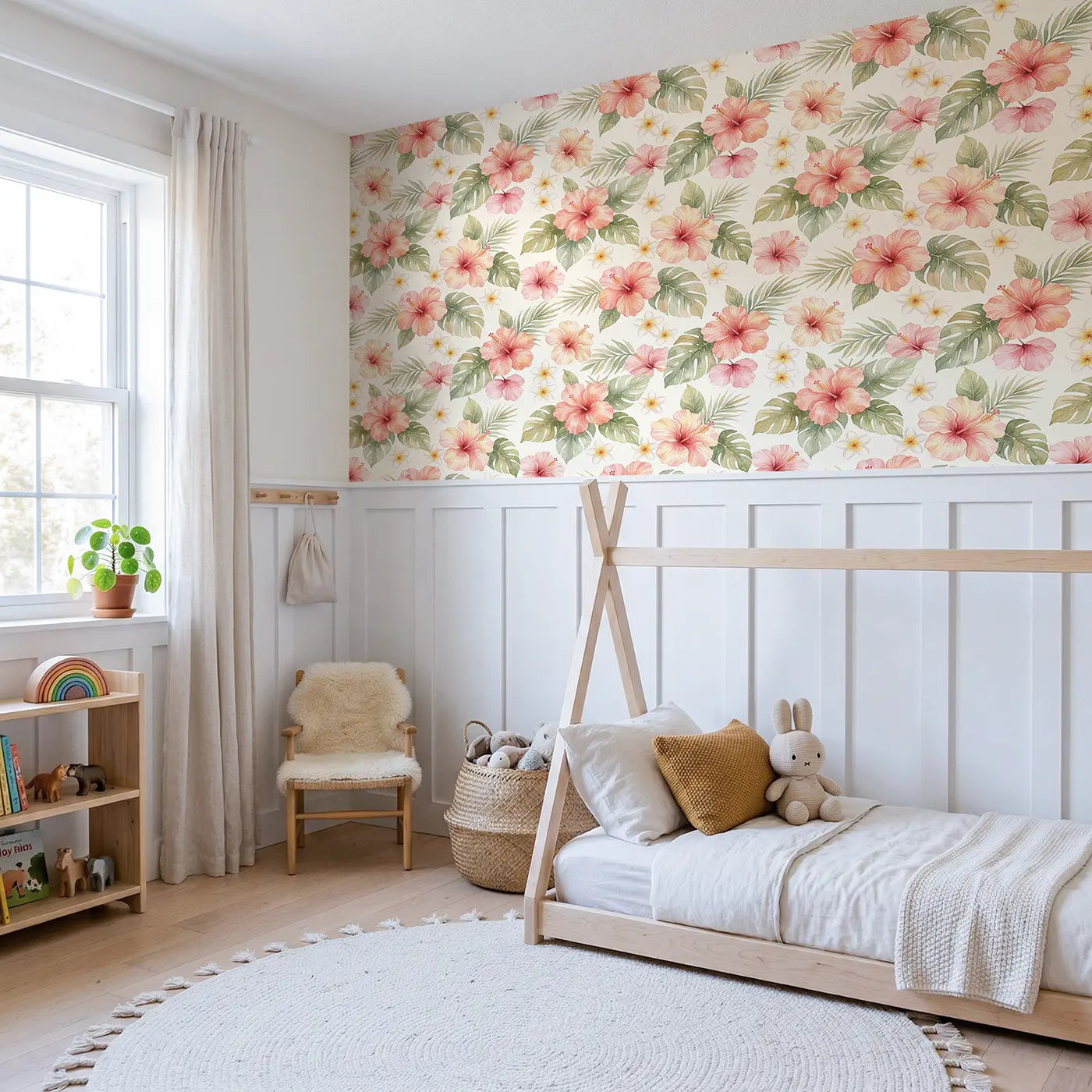 Hibiscus Blooms Watercolor wallpaper above wainscoting - Whimsy Tots