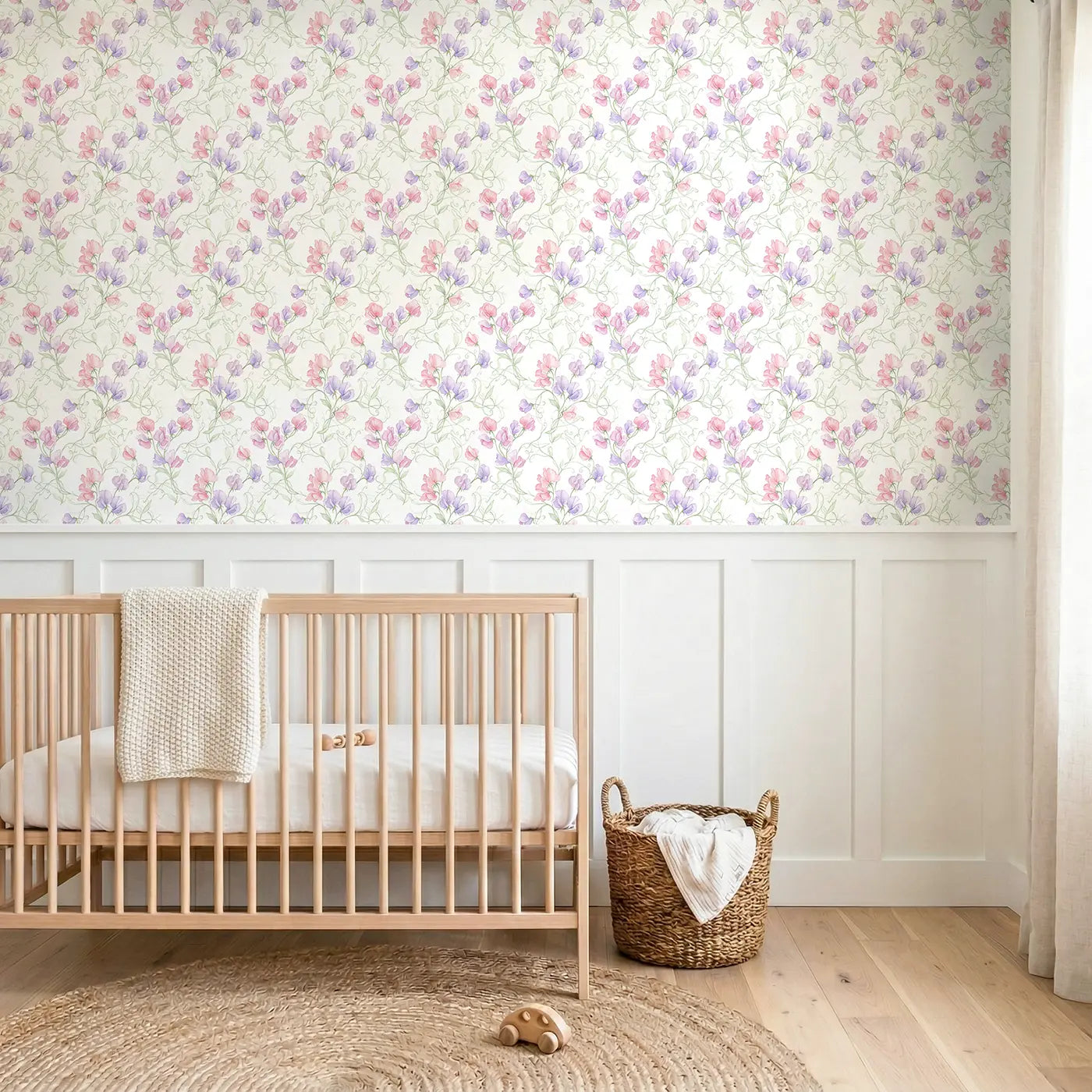 Delicate Sweet Watercolor wallpaper above wainscoting - Whimsy Tots