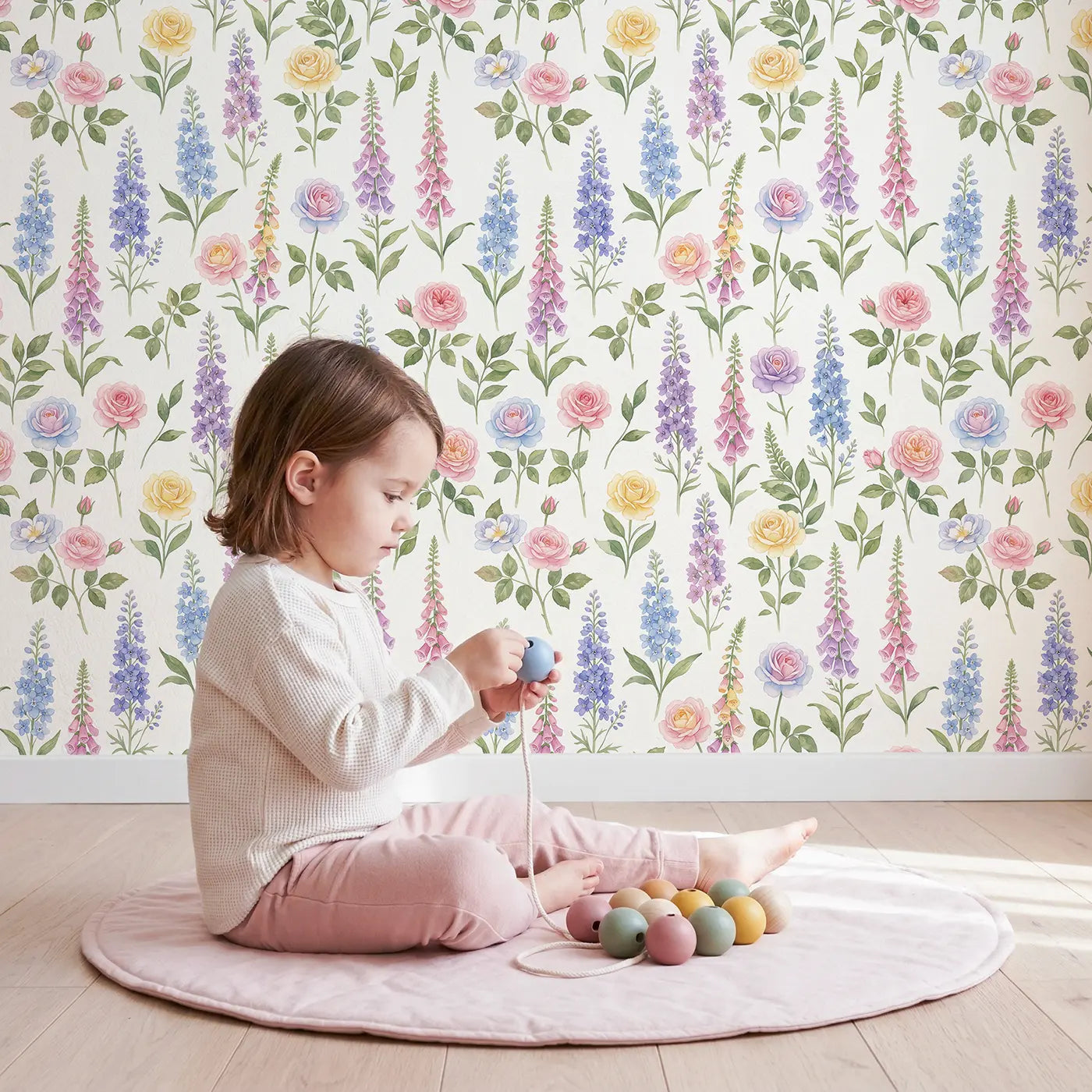 Roses Watercolor wallpaper in styled kids room - Whimsy Tots