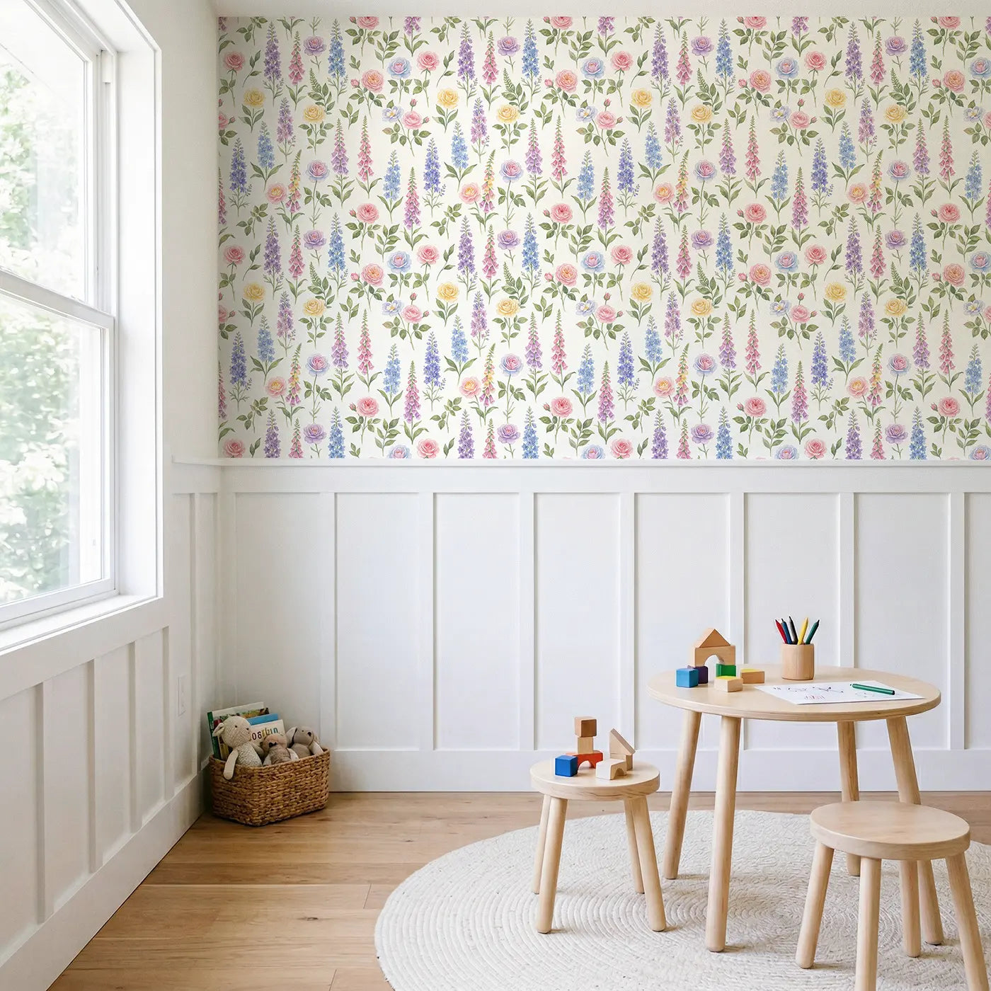 Roses Watercolor wallpaper above wainscoting - Whimsy Tots