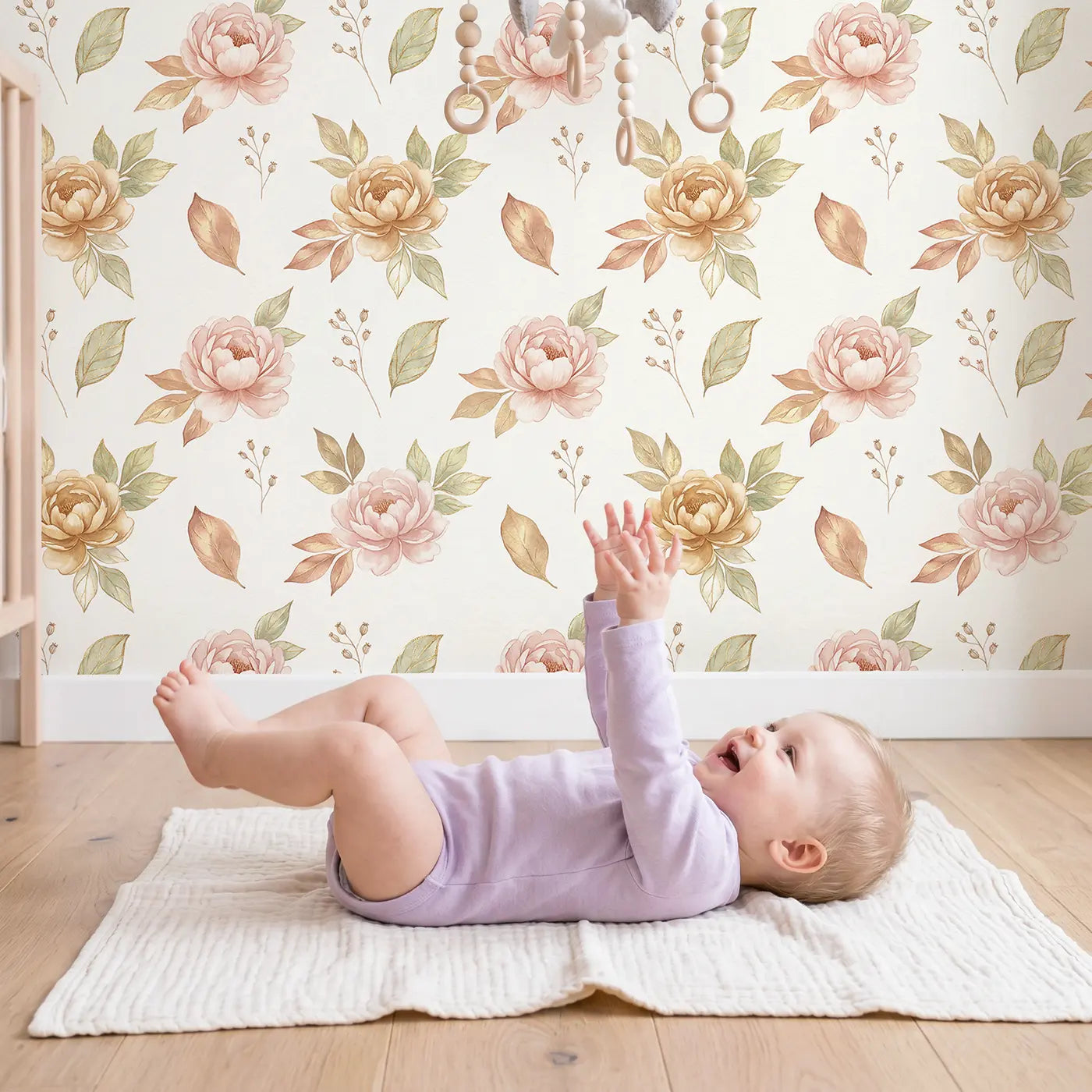 Blush Gold Watercolor wallpaper in styled kids room - Whimsy Tots