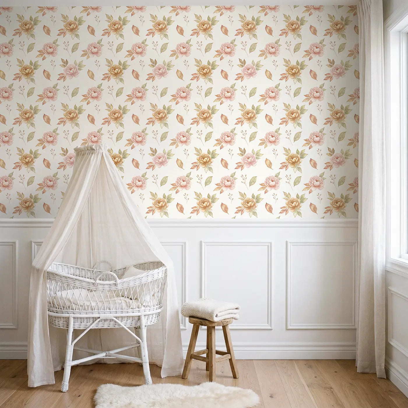Blush Gold Watercolor wallpaper above wainscoting - Whimsy Tots
