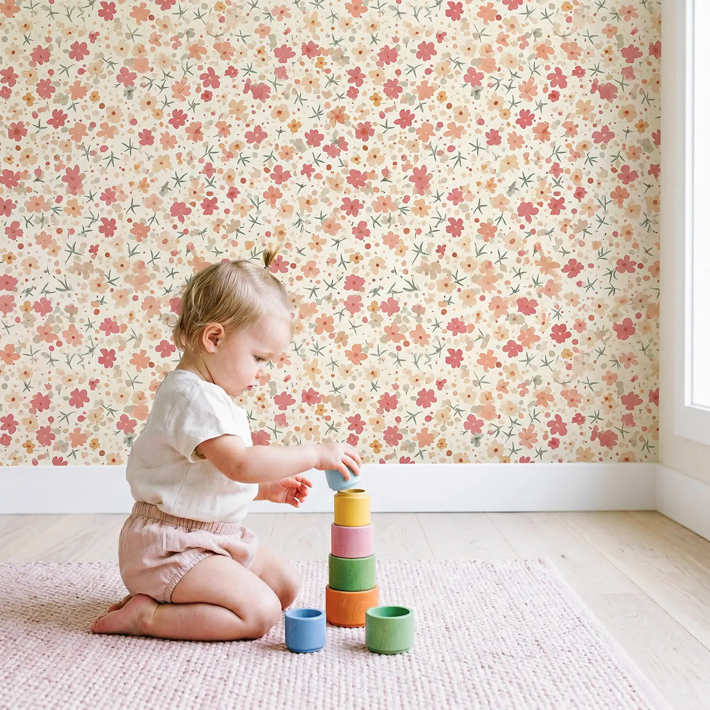 Cherry Blossoms Ditsy Floral wallpaper in styled kids room - Whimsy Tots