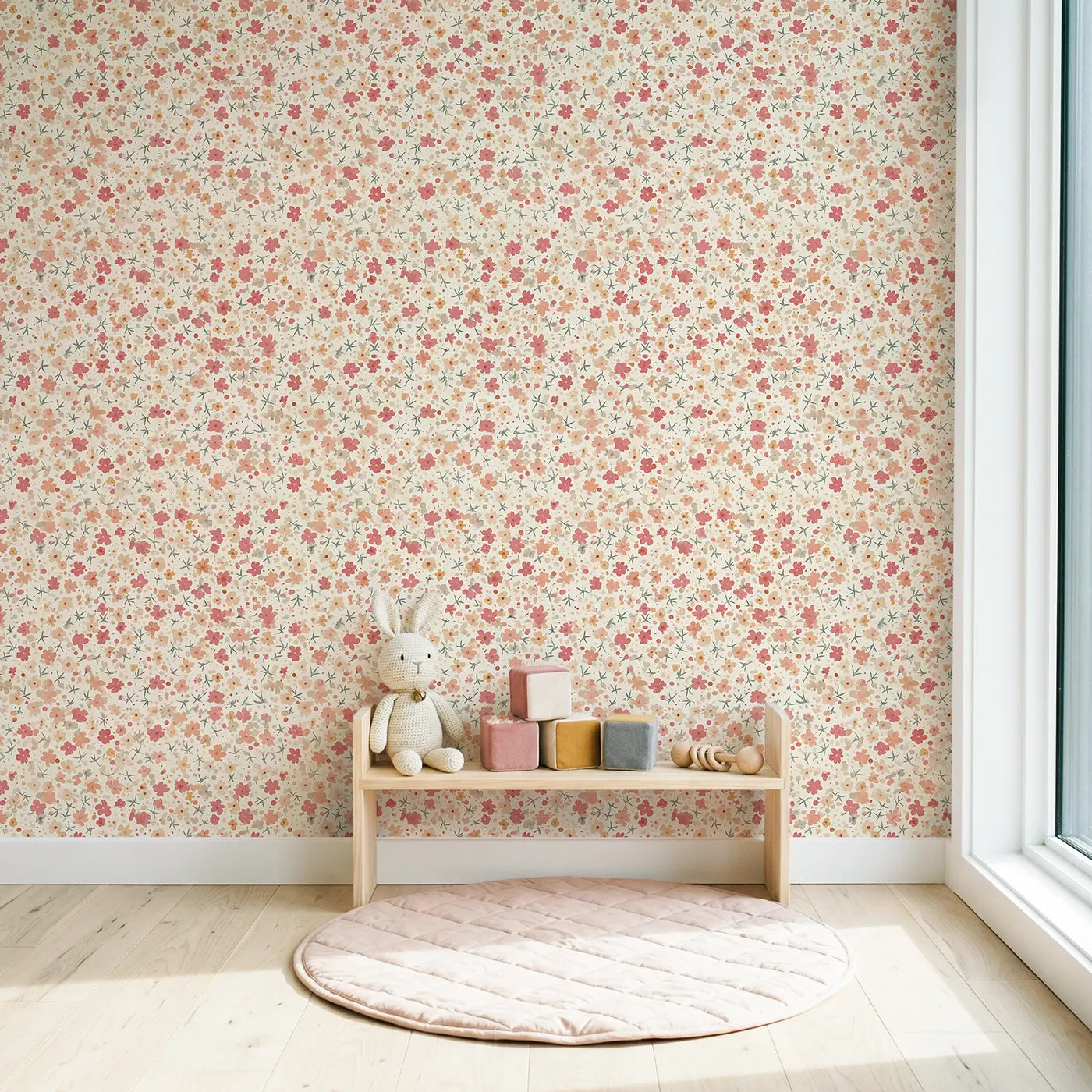 Cherry Blossoms Ditsy Floral wallpaper in Scandinavian nursery - Whimsy Tots