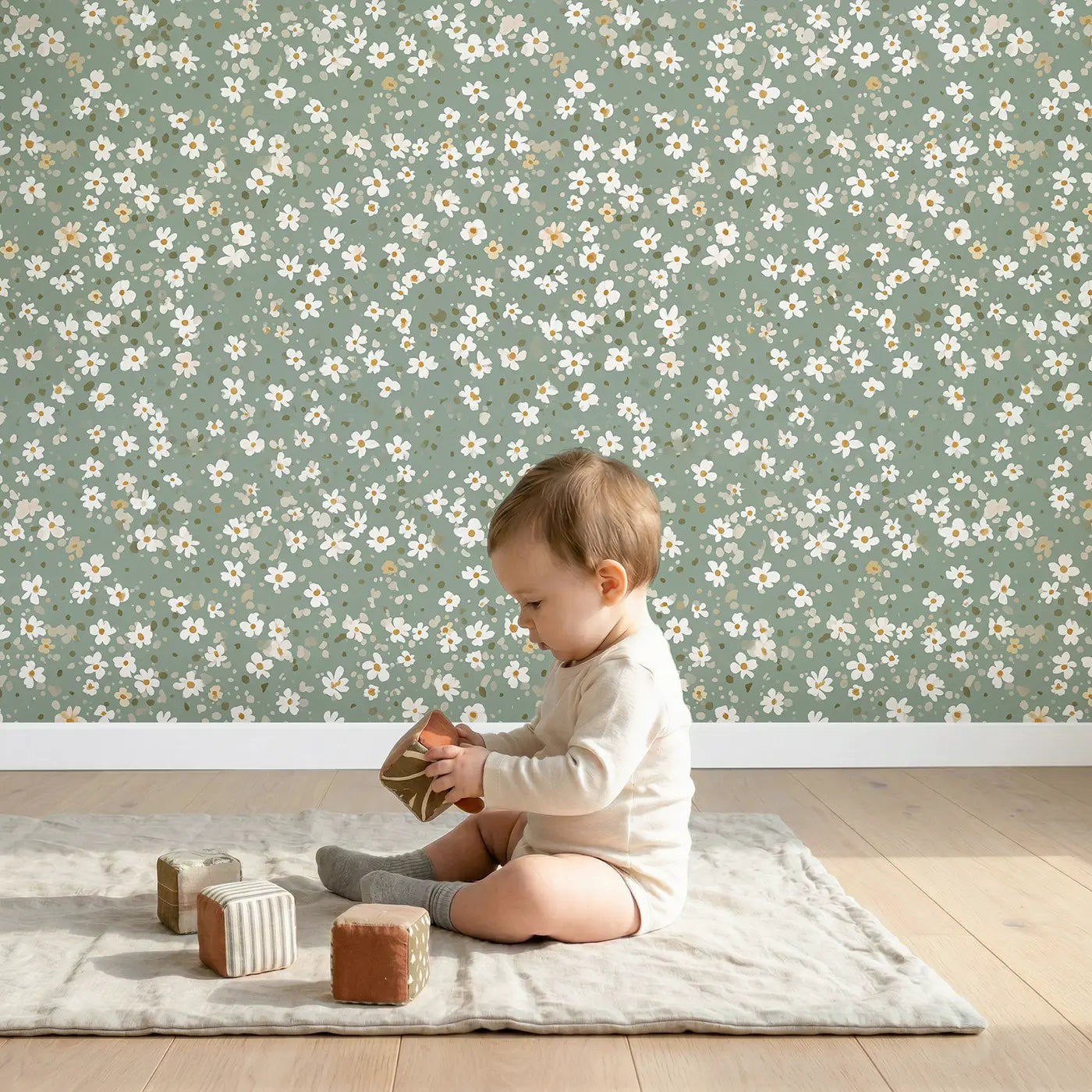 Daisies White Ditsy Floral wallpaper in styled kids room - Whimsy Tots