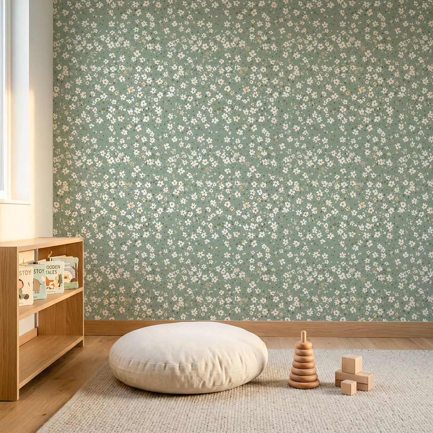 Daisies White Ditsy Floral wallpaper in Scandinavian nursery - Whimsy Tots