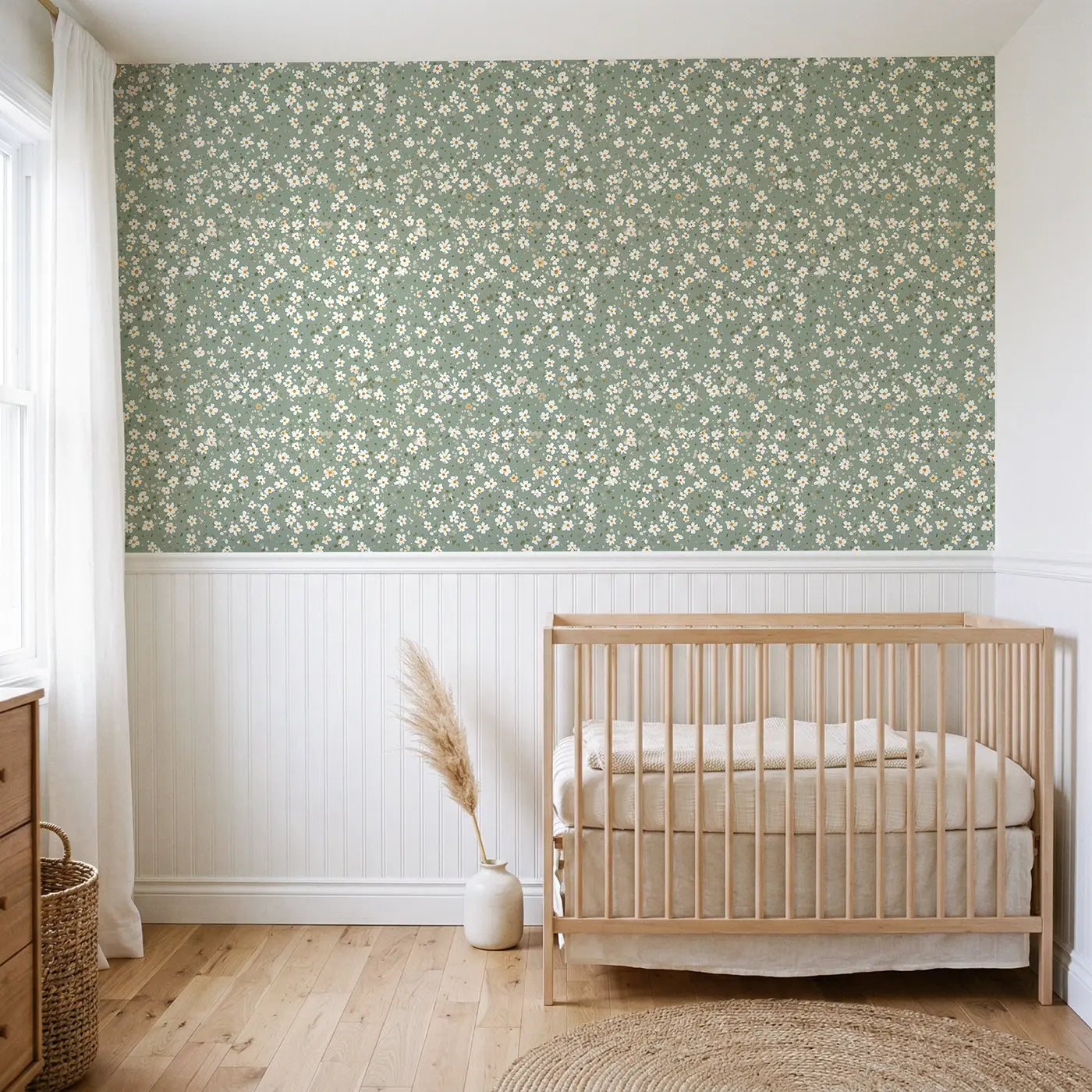 Daisies White Ditsy Floral wallpaper above wainscoting - Whimsy Tots