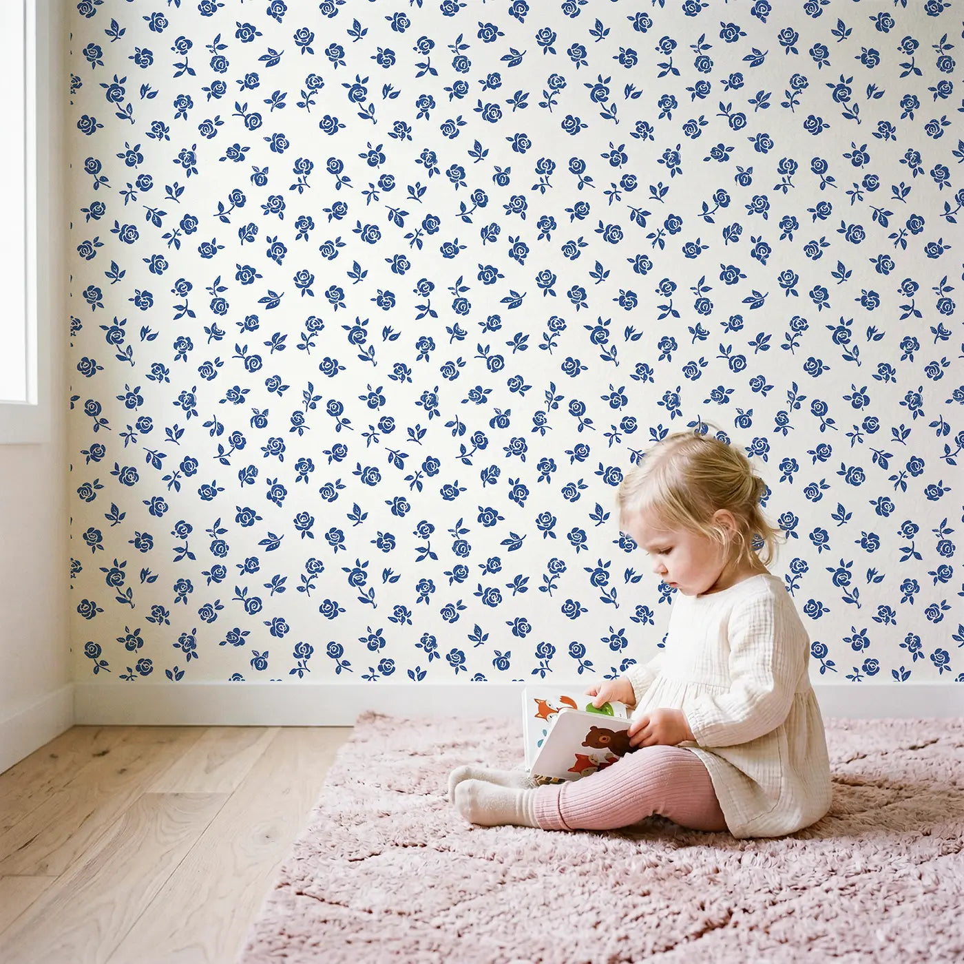 Roses Leaves Ditsy Floral wallpaper in styled kids room - Whimsy Tots