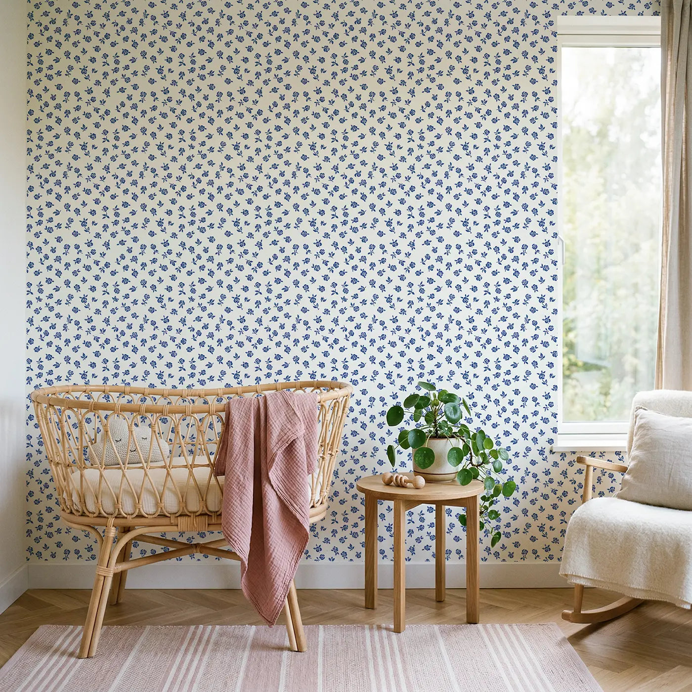 Roses Leaves Ditsy Floral wallpaper in Scandinavian nursery - Whimsy Tots