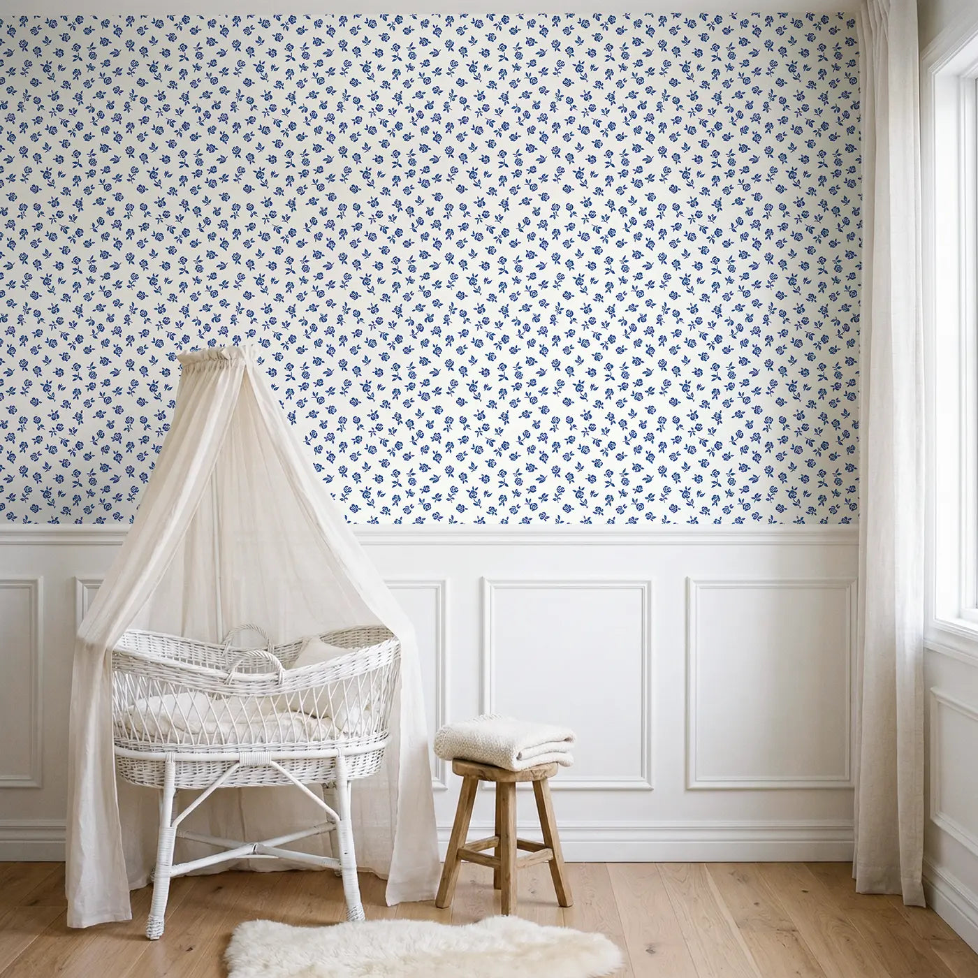 Roses Leaves Ditsy Floral wallpaper above wainscoting - Whimsy Tots