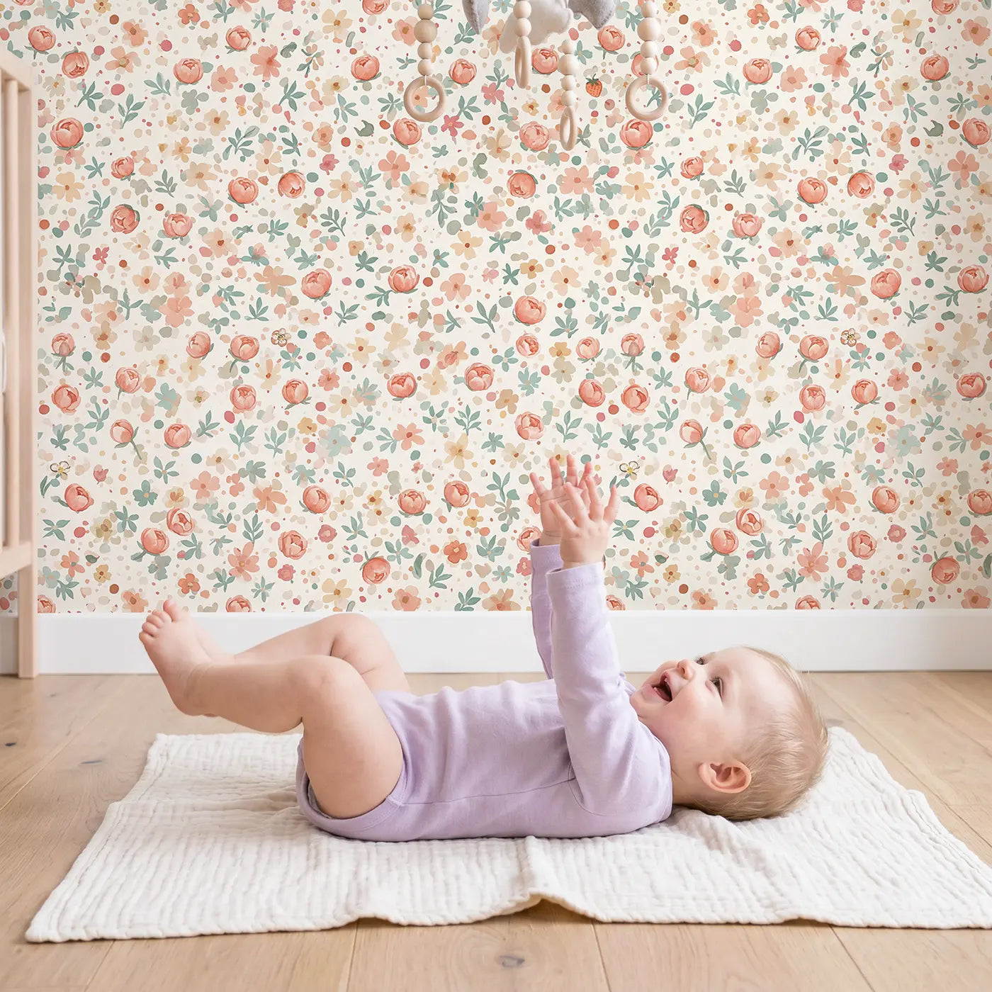 Peony Buds Blush Ditsy Floral wallpaper in styled kids room - Whimsy Tots