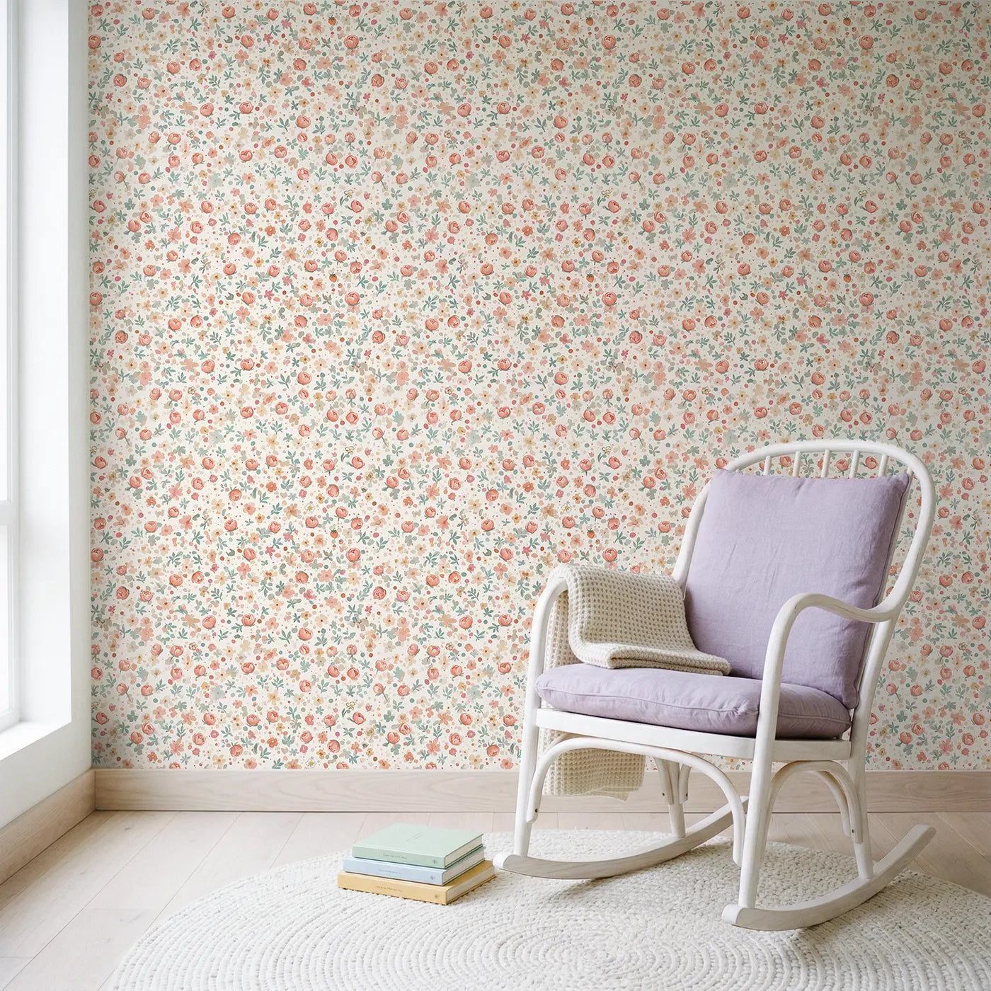 Peony Buds Blush Ditsy Floral wallpaper in Scandinavian nursery - Whimsy Tots
