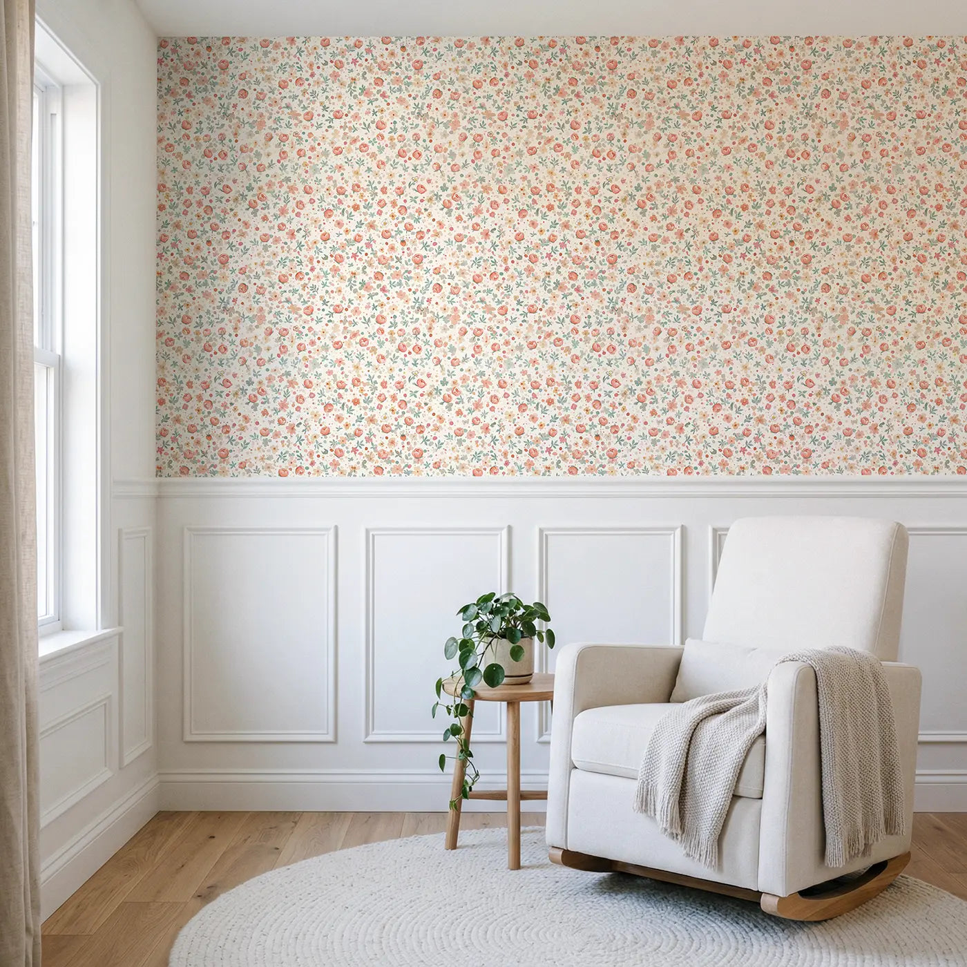 Peony Buds Blush Ditsy Floral wallpaper above wainscoting - Whimsy Tots