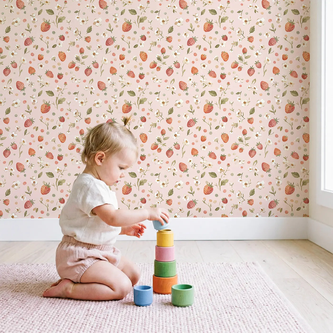 Flowers Strawberries Ditsy Floral wallpaper in styled kids room - Whimsy Tots