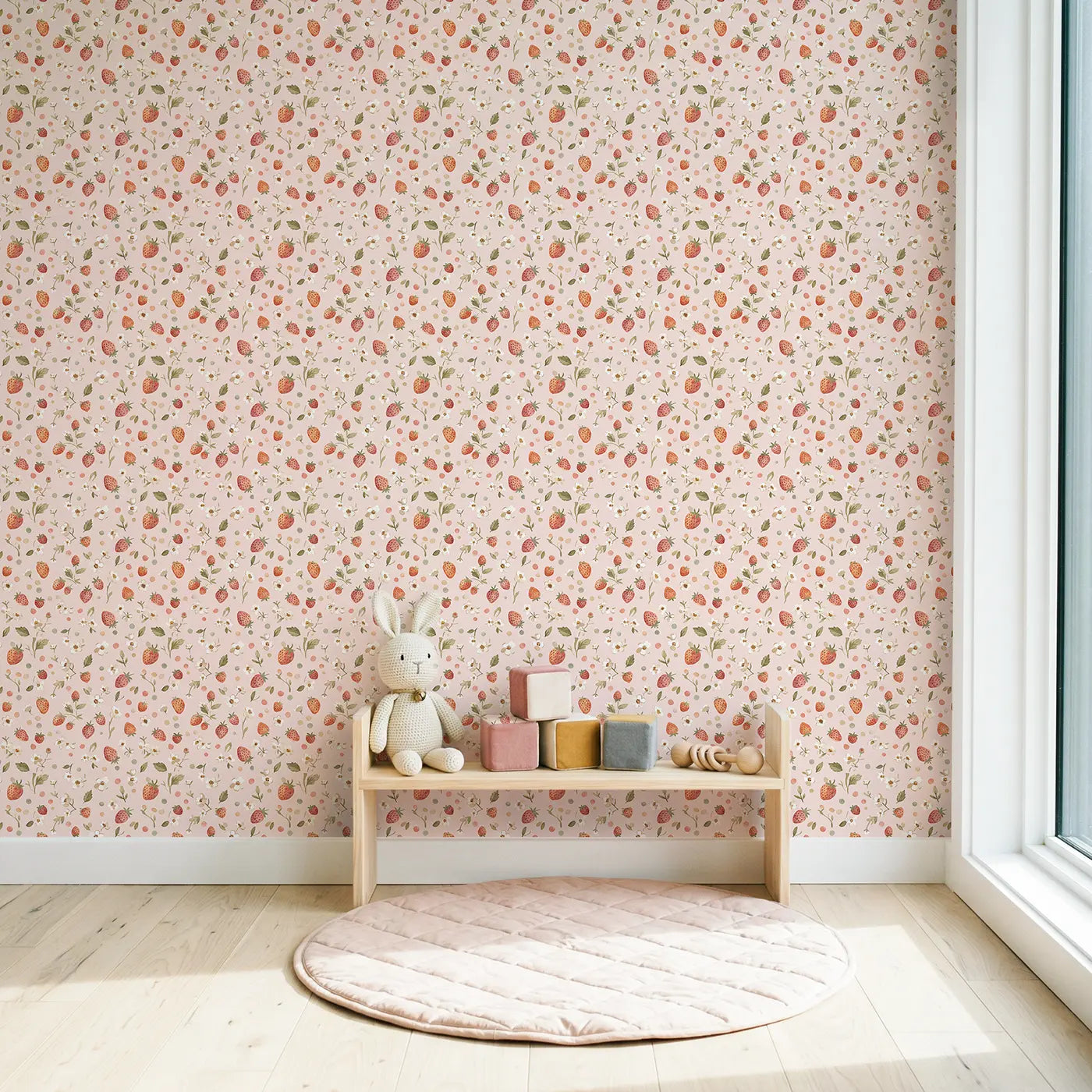 Flowers Strawberries Ditsy Floral wallpaper in Scandinavian nursery - Whimsy Tots