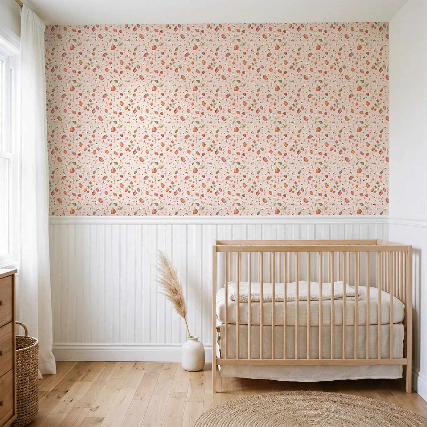 Flowers Strawberries Ditsy Floral wallpaper above wainscoting - Whimsy Tots