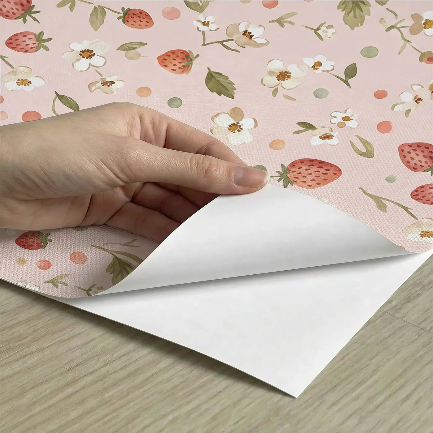 Flowers Strawberries Ditsy Floral peel and stick material close-up - Whimsy Tots