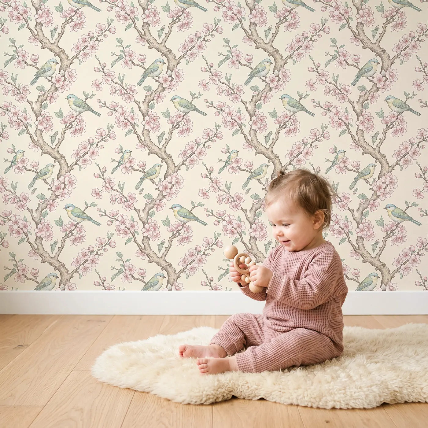 Flowering Plum Botanical Elegance wallpaper in styled kids room - Whimsy Tots