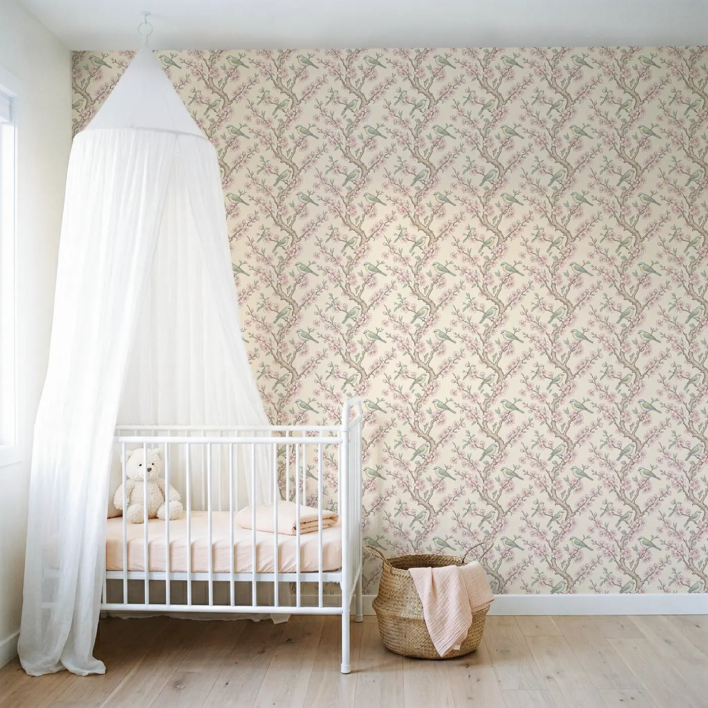 Flowering Plum Botanical Elegance wallpaper in Scandinavian nursery - Whimsy Tots