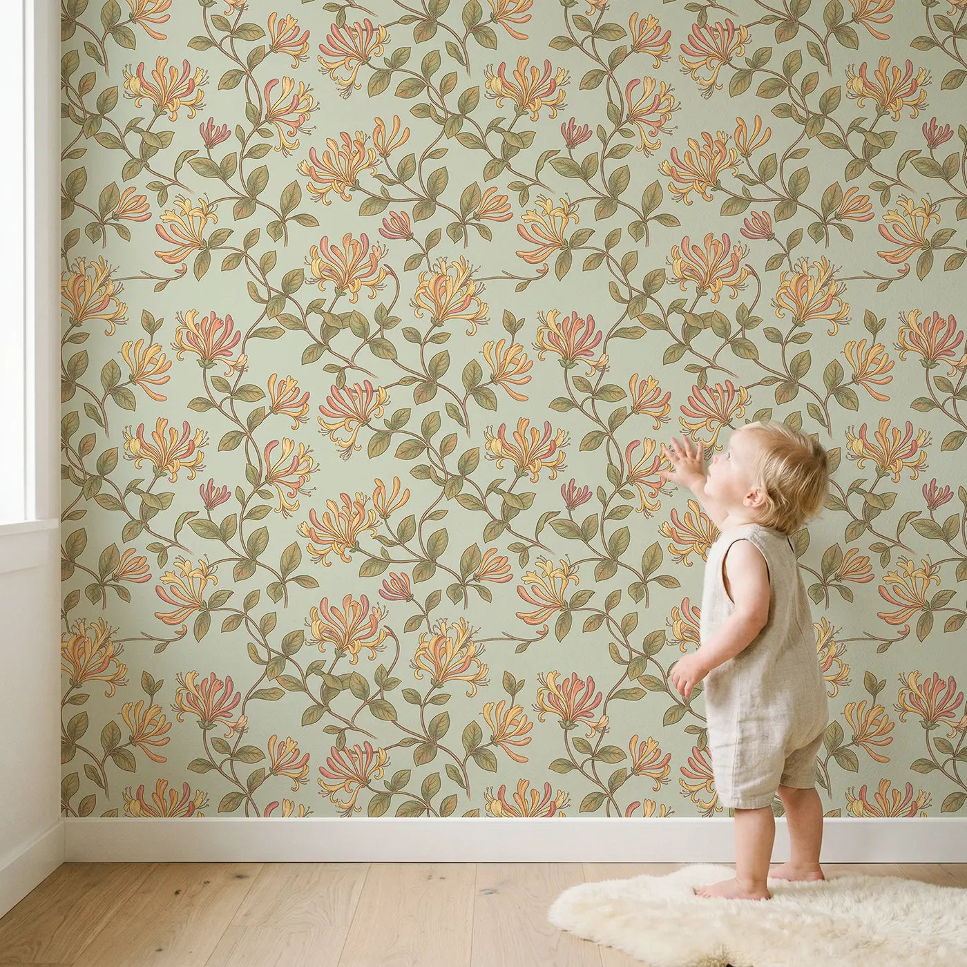 Trailing Honeysuckle Botanical Elegance wallpaper in styled kids room - Whimsy Tots