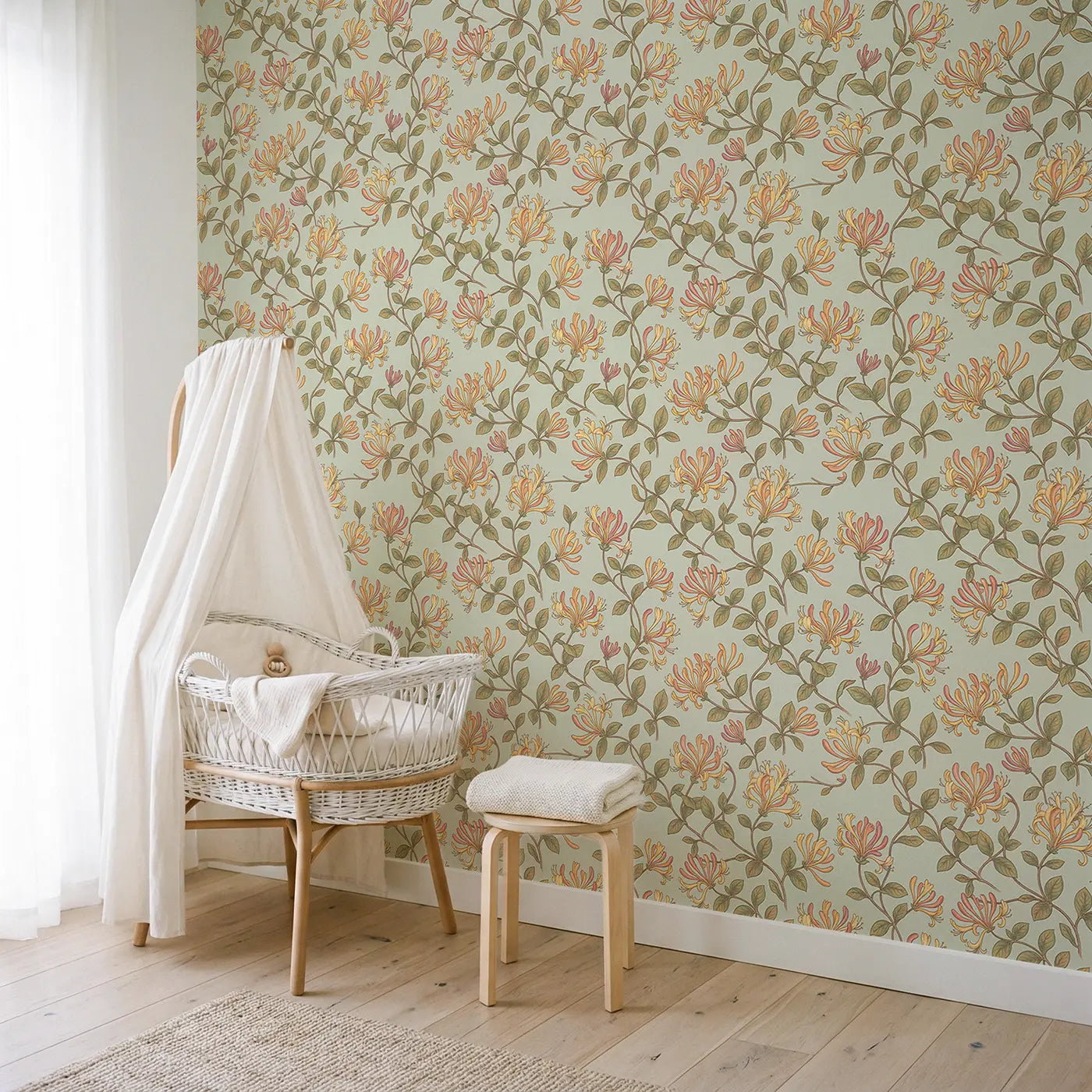 Trailing Honeysuckle Botanical Elegance wallpaper in Scandinavian nursery - Whimsy Tots