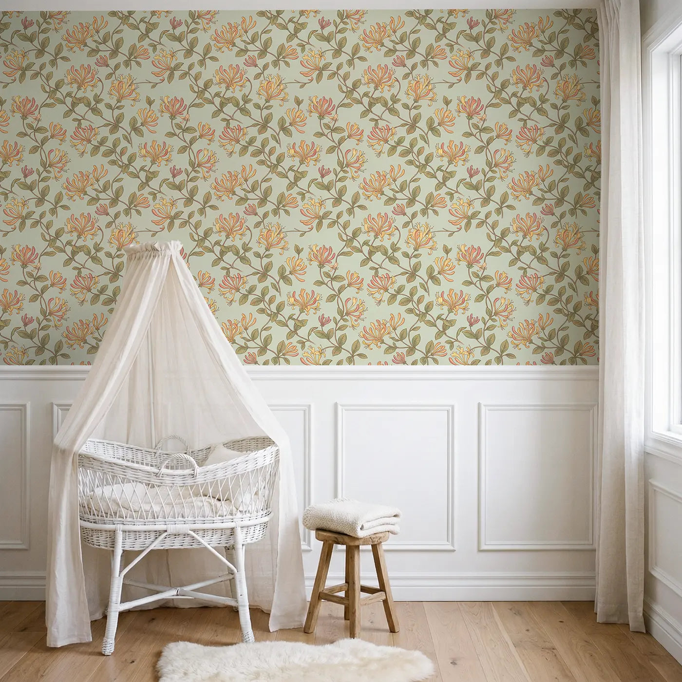 Trailing Honeysuckle Botanical Elegance wallpaper above wainscoting - Whimsy Tots