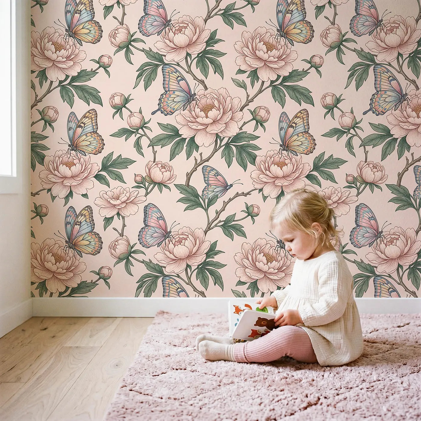 Peony Tree Botanical Elegance wallpaper in styled kids room - Whimsy Tots