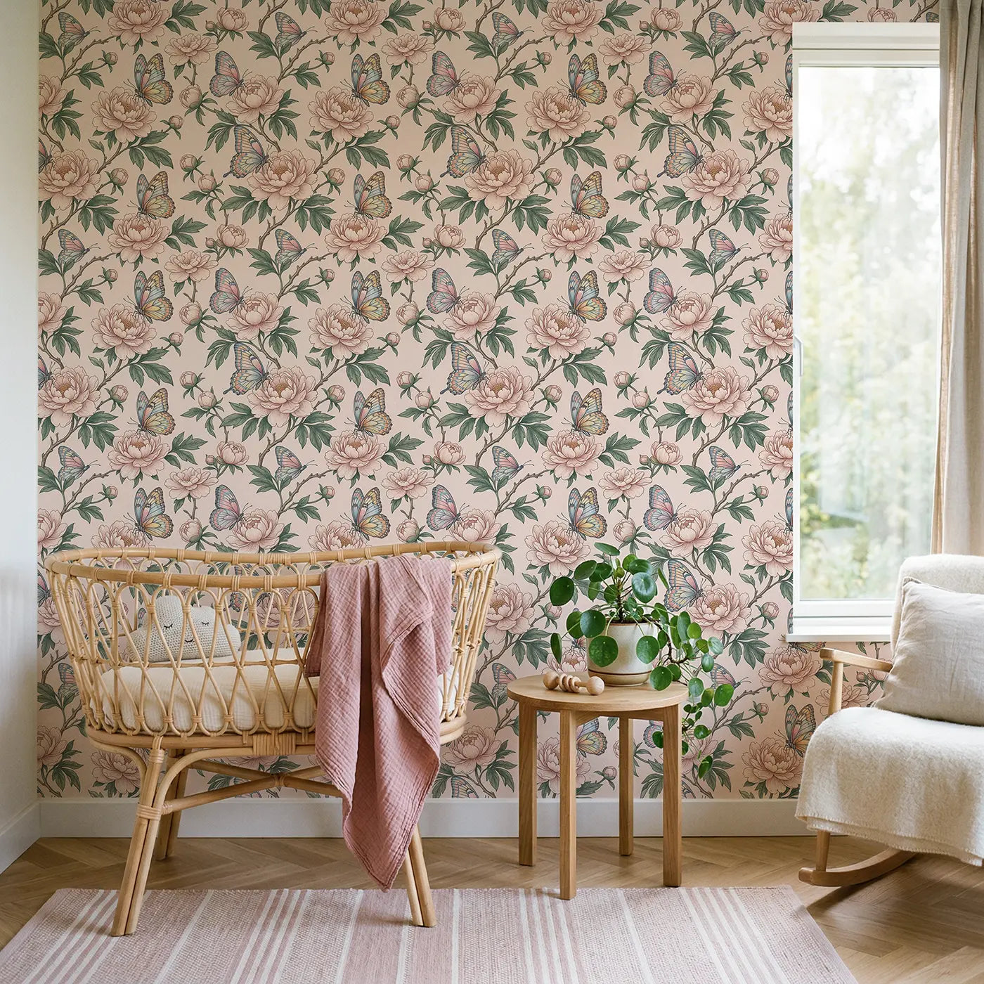 Peony Tree Botanical Elegance wallpaper in Scandinavian nursery - Whimsy Tots