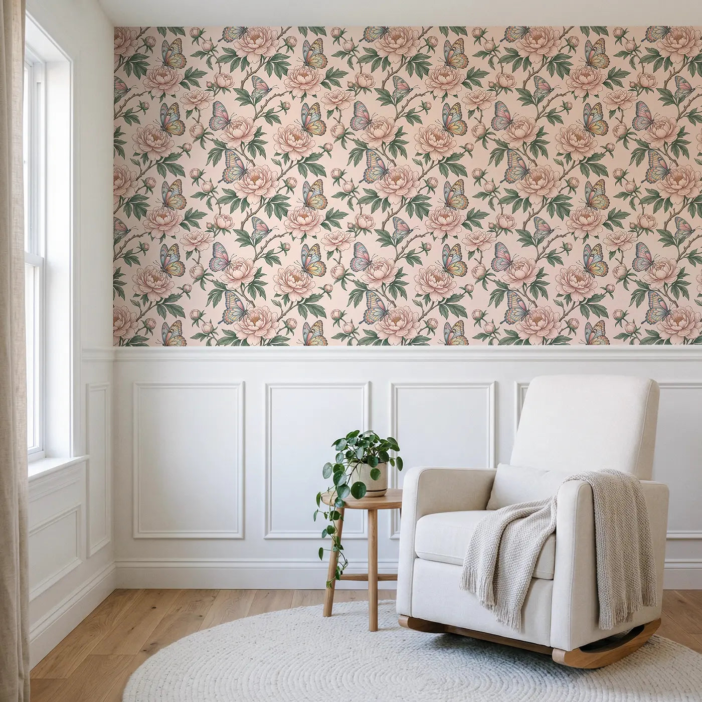 Peony Tree Botanical Elegance wallpaper above wainscoting - Whimsy Tots