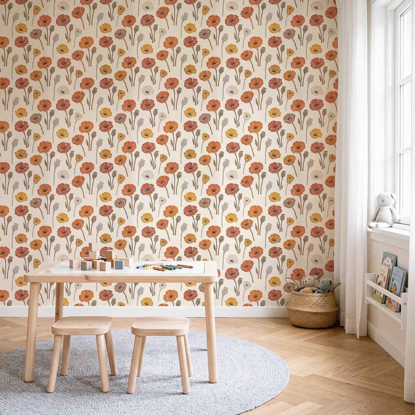 Bold Hand-Stamped Block Print wallpaper in Scandinavian nursery - Whimsy Tots