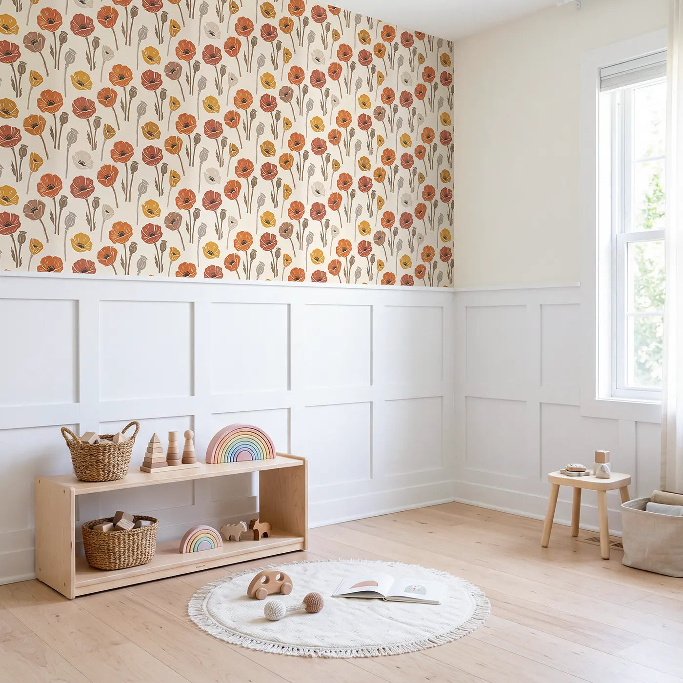 Bold Hand-Stamped Block Print wallpaper above wainscoting - Whimsy Tots