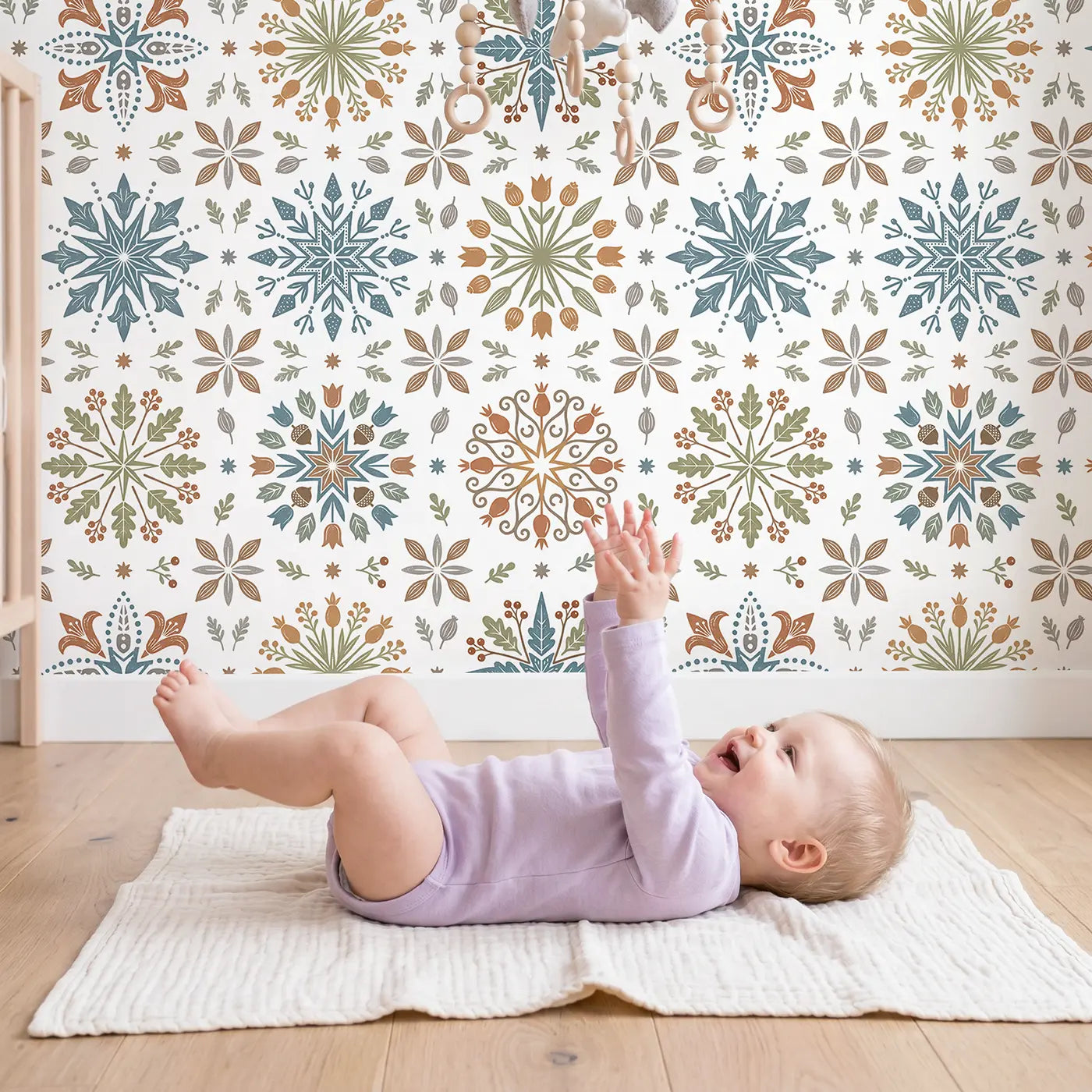 Folk Art Flower Block Print wallpaper in styled kids room - Whimsy Tots