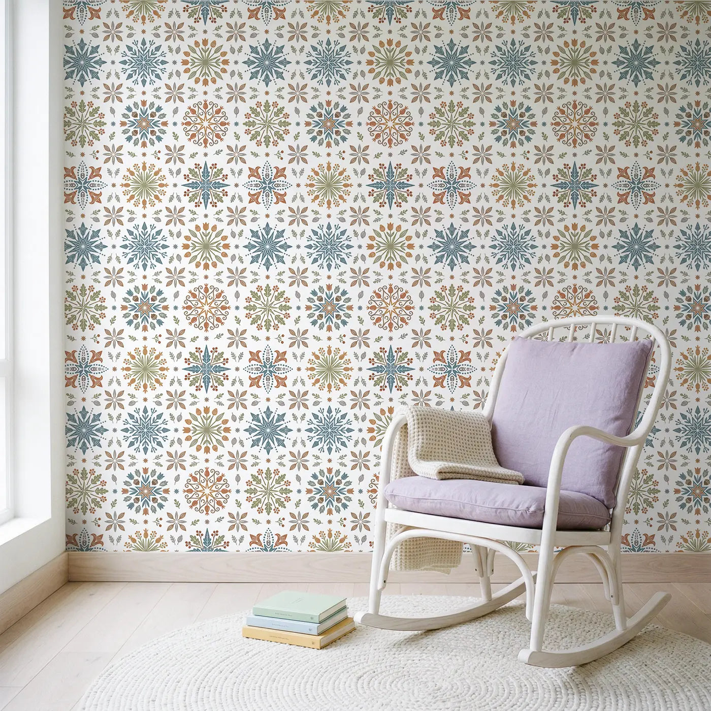 Folk Art Flower Block Print wallpaper in Scandinavian nursery - Whimsy Tots