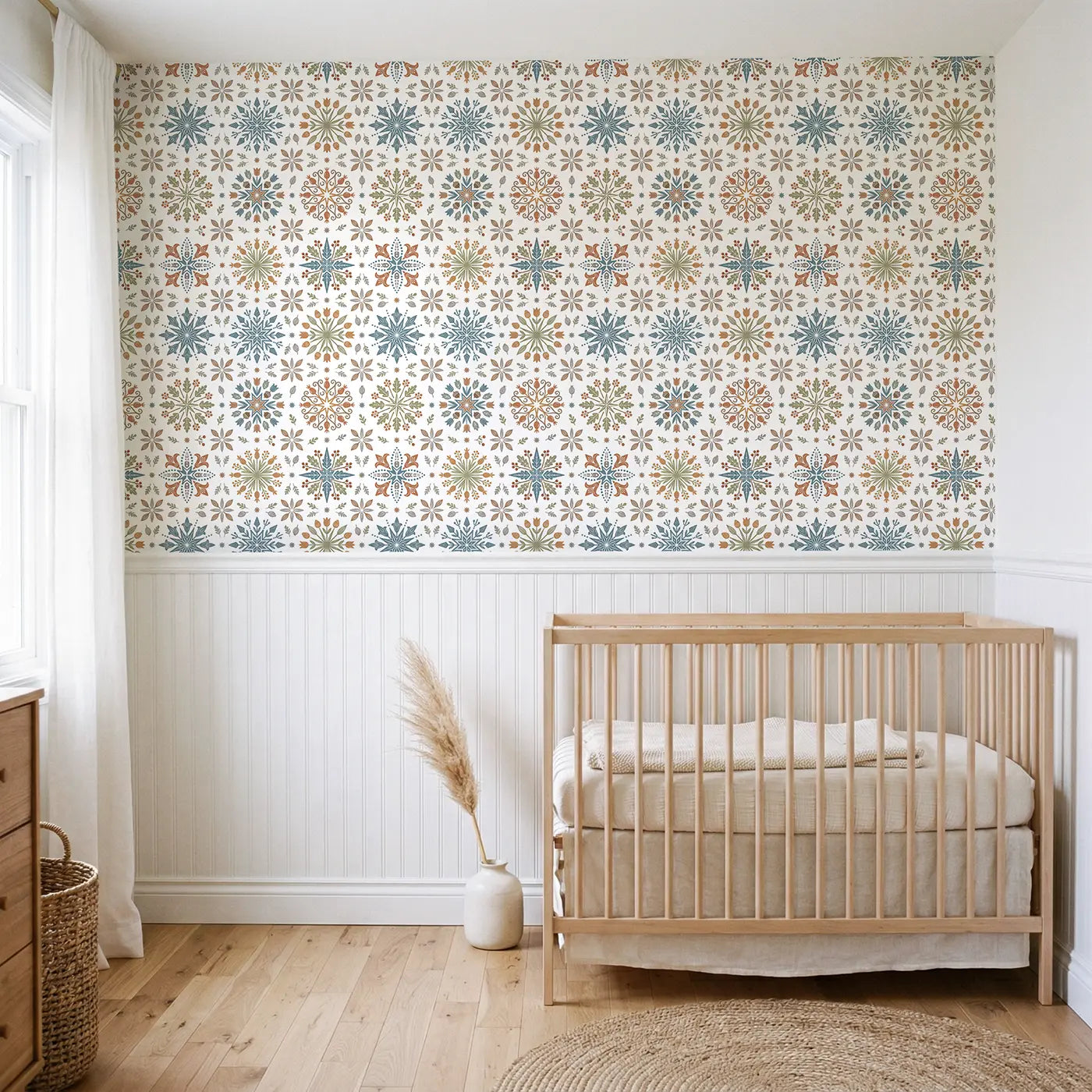 Folk Art Flower Block Print wallpaper above wainscoting - Whimsy Tots