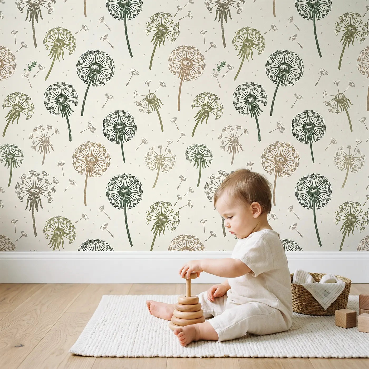Dandelion Clocks Block Print wallpaper in styled kids room - Whimsy Tots