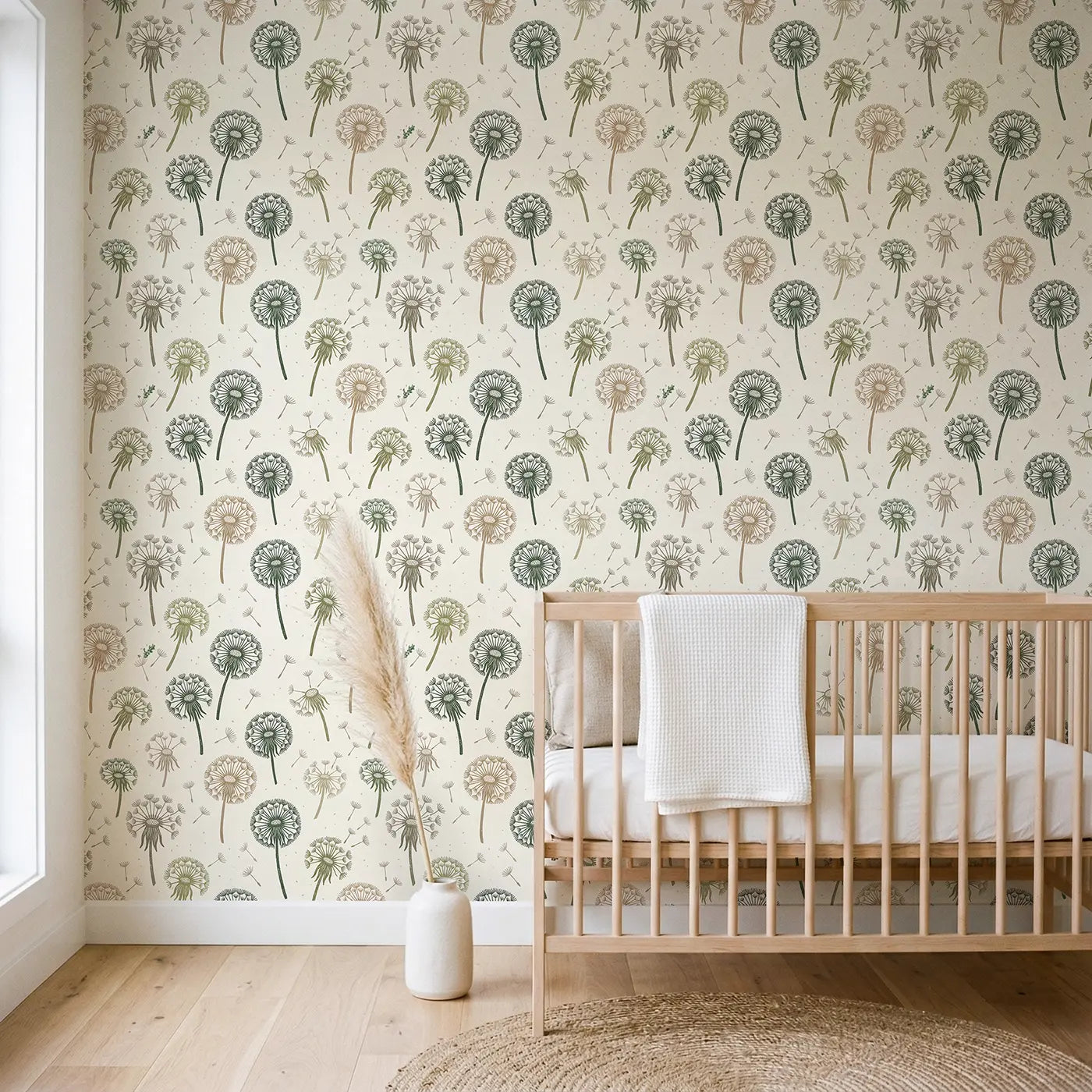 Dandelion Clocks Block Print wallpaper in Scandinavian nursery - Whimsy Tots