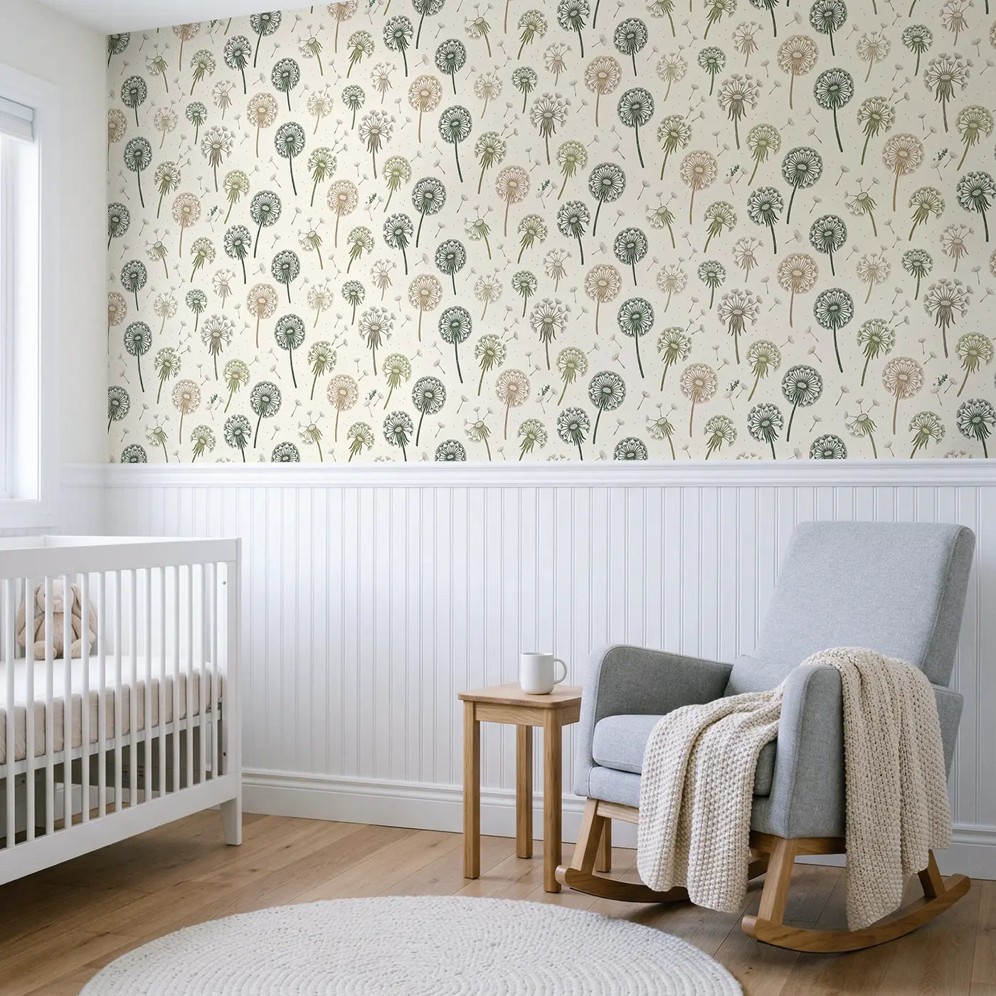 Dandelion Clocks Block Print wallpaper above wainscoting - Whimsy Tots