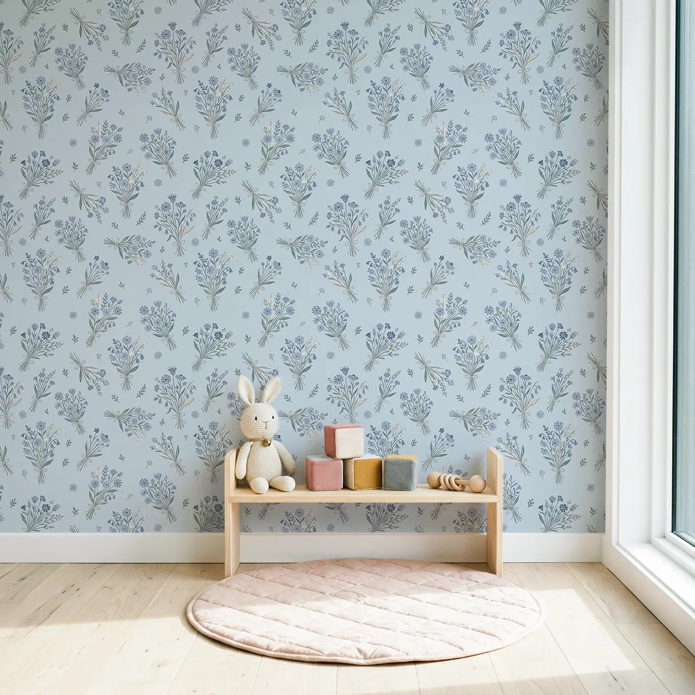 Wildflower Bundles Block Print wallpaper in Scandinavian nursery - Whimsy Tots