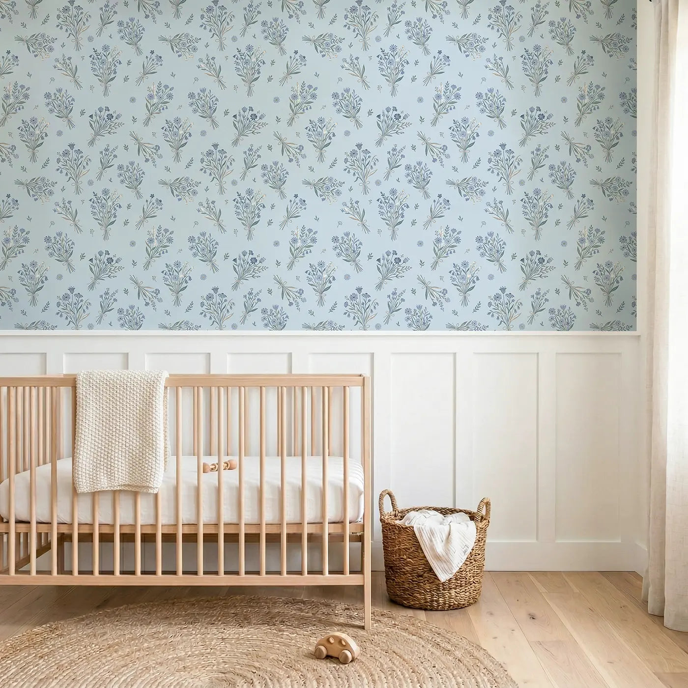 Wildflower Bundles Block Print wallpaper above wainscoting - Whimsy Tots